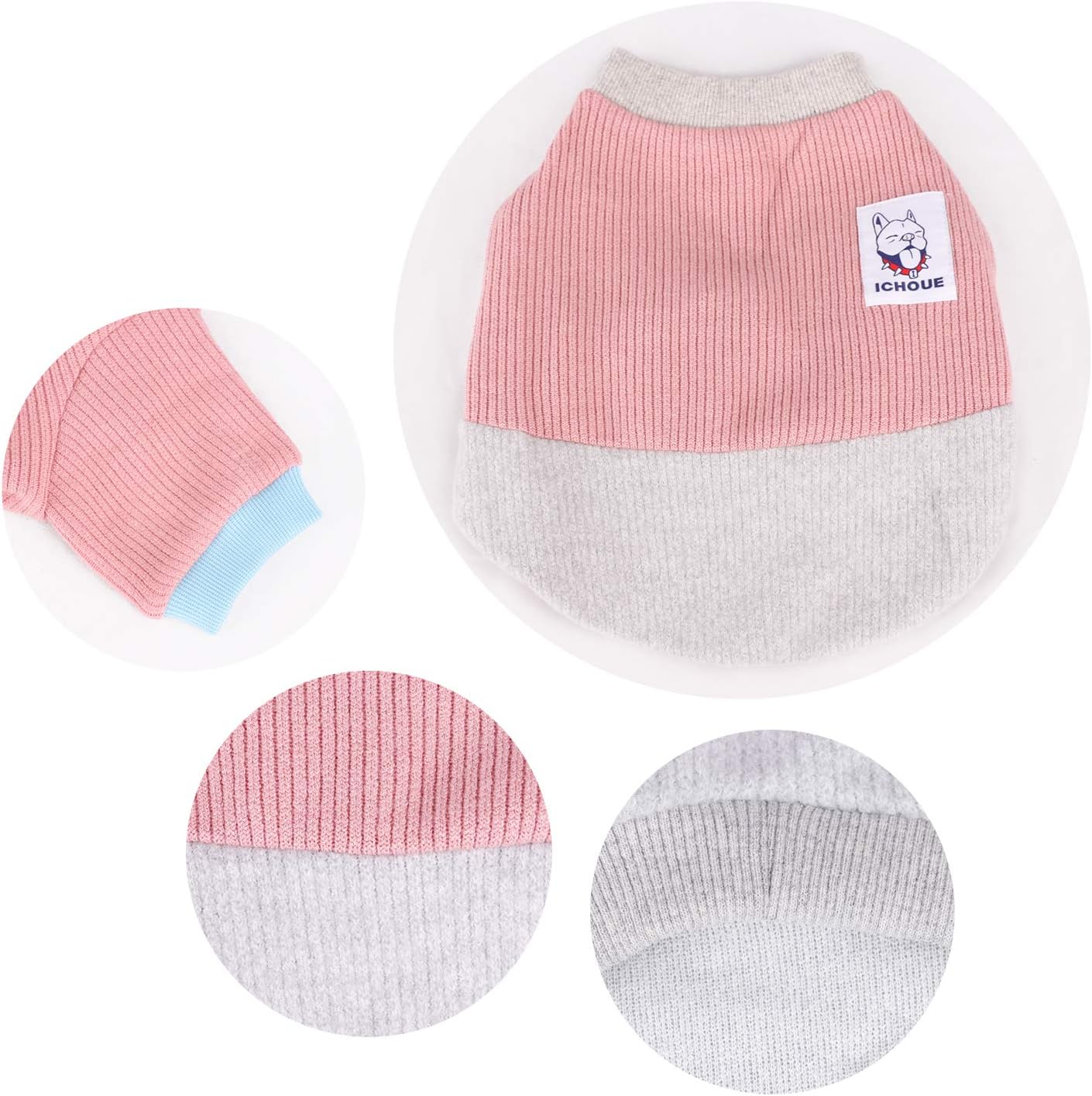 iChoue Pet Dog Crewneck Sweater Color Block Pullover Winter Warm Clothes for English Bulldog Bully Pitbull - Pink and Grey/XXLarge