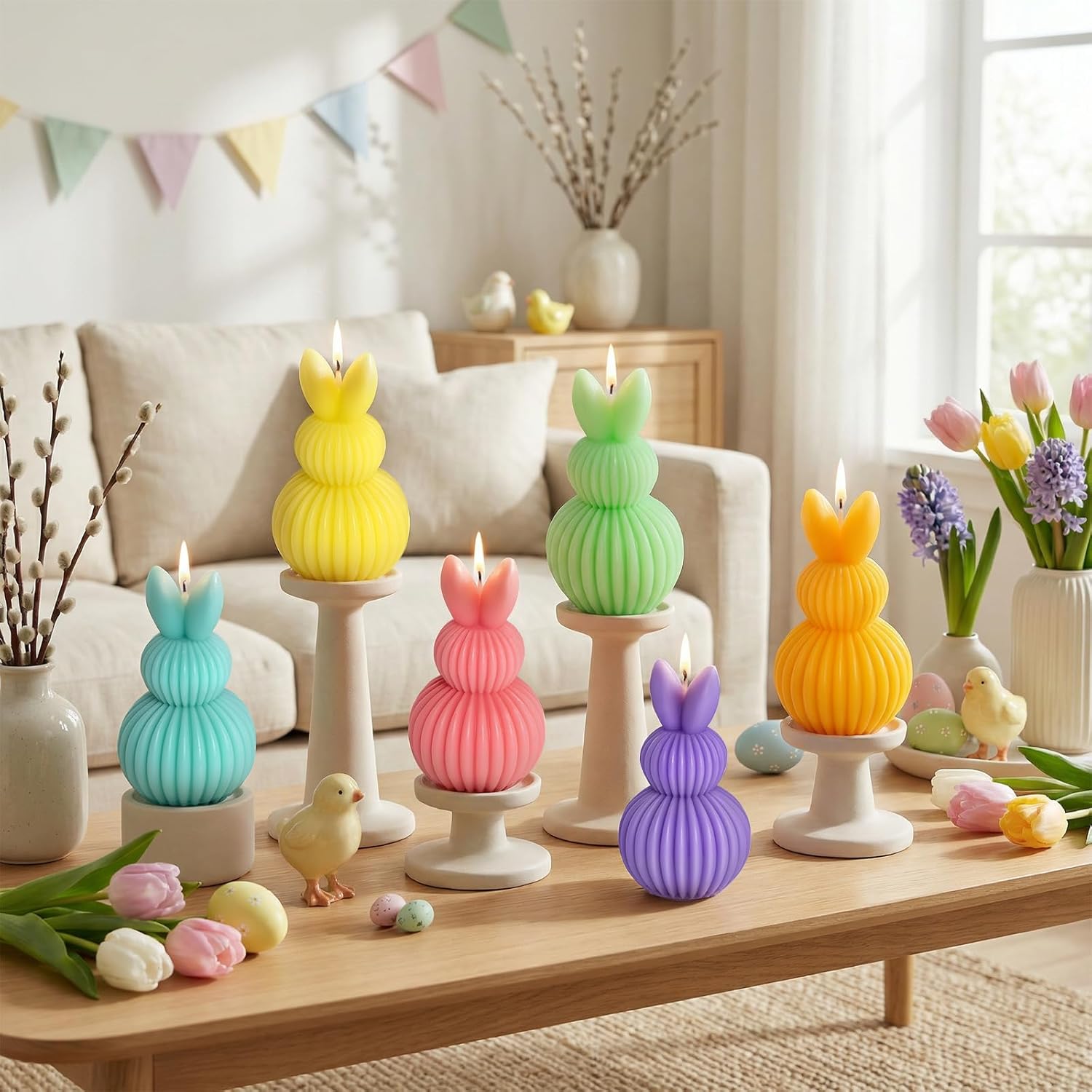 Lanpn 6 Pcs Easter Bunny Candles Gift Set, Mini Rabbit Shaped Votive Tea Lights, Easter Flower & Fruit Scented Candles, Each 2.1 oz, Spring Party Holiday Decor Home Table Centerpiece, Macaron Color - Image 5