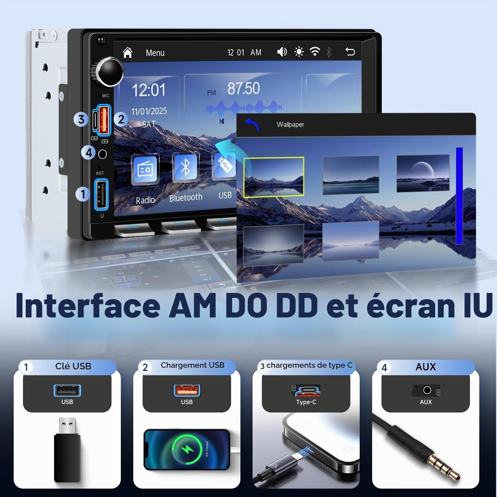 Hodozzy 2 Din Autoradio avec Carplay sans Fil Android Auto, 7 Pouces Touches Piano 2 Din Écran Tactile Radio Voiture avec Bluetooth, Radio FM, EQ, Vidéo en Ligne, Mirror Link, USB/AUX/Type-C, SWC
