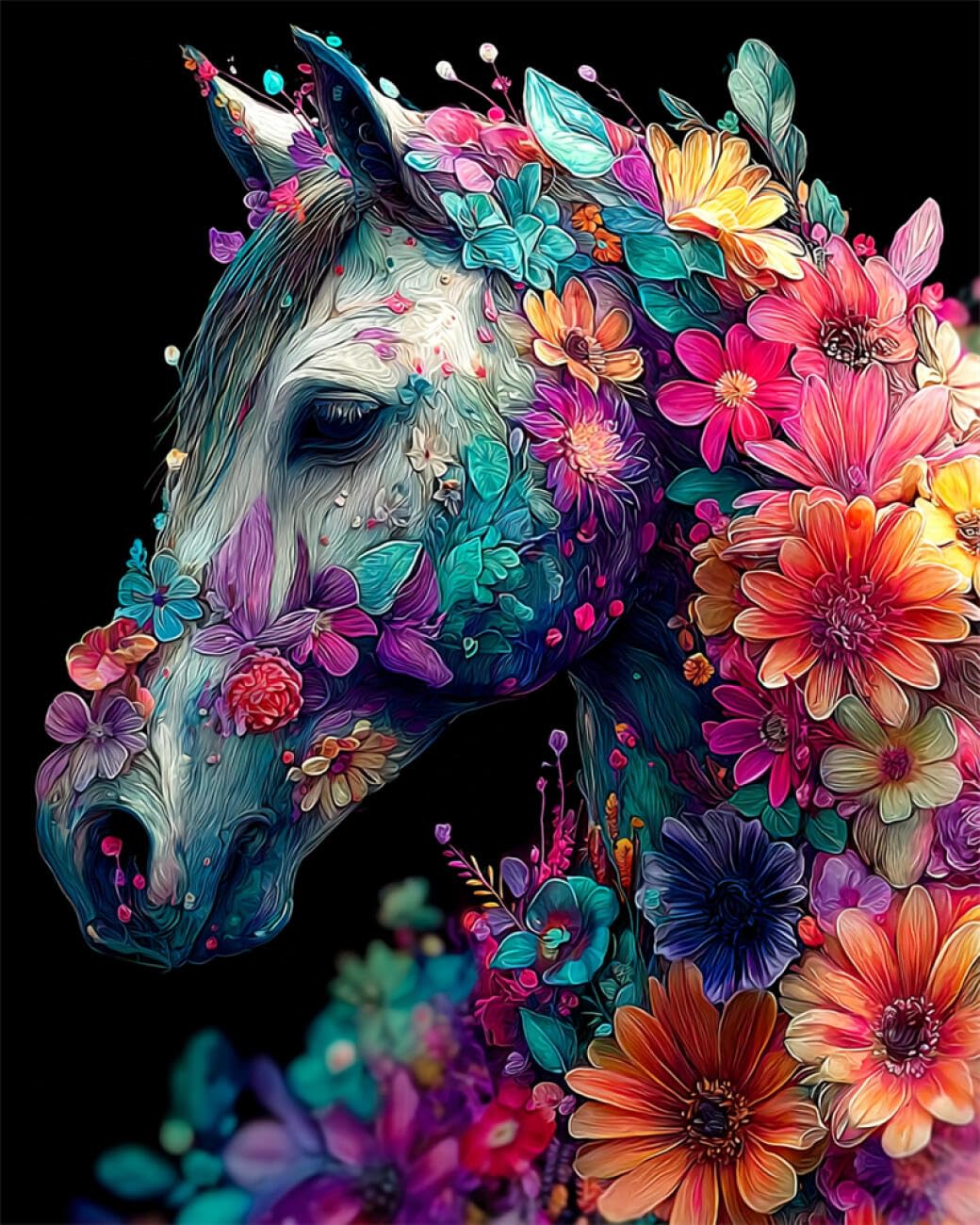 RKFLGEW DIY Seed Bead Embroidery Kits Horses and Flowers 40x50cm