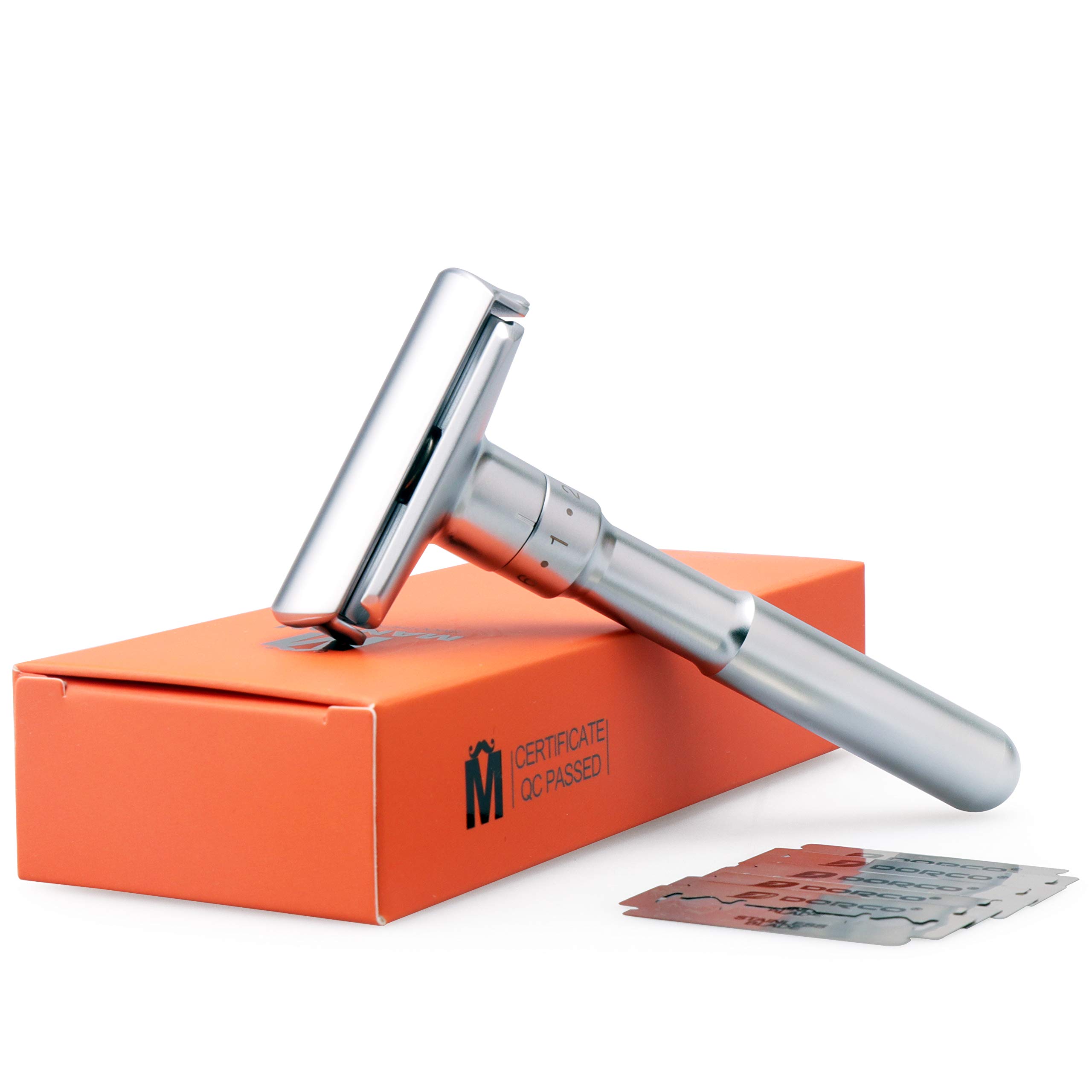 MANION M5 Matte Silver Long Handel Adjustable Double Edge Classic Safety Razor