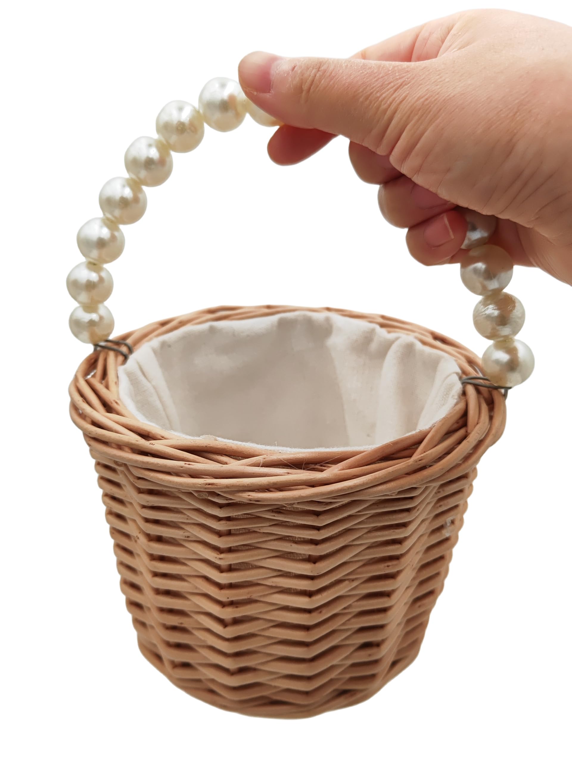 Rustikaler Rattan-Körbe für Hochzeit, Blumenmädchen, geflochtener Rattan-Aufbewahrungskorb mit Perlengriffen, gewebter Eier, Süßigkeitenkorb für Hochzeit, Zuhause, Garten, Dekoration (A)