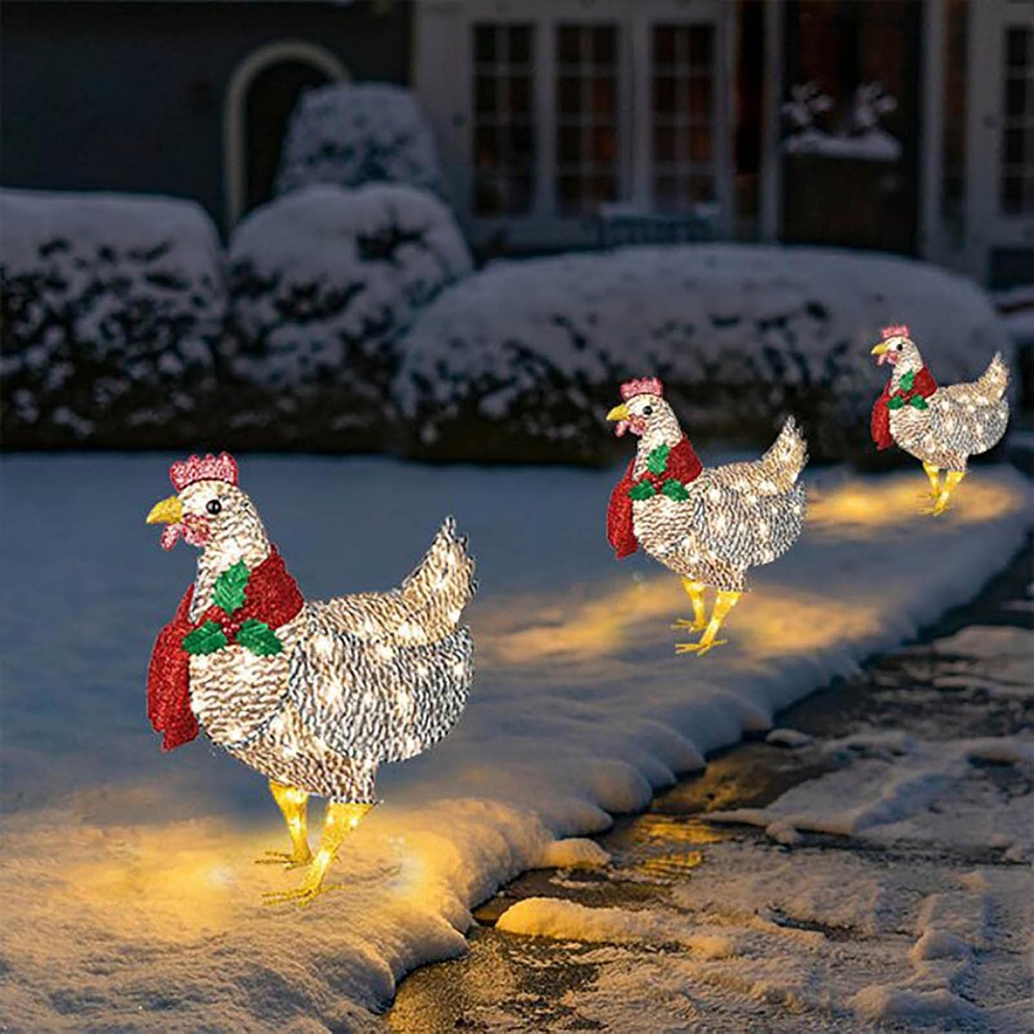 Light-Up Chicken with Scarf Holiday Decoration, Metal Chicken Christmas Ornaments Solar Powered with 50 Mini Lights, Rooster Animal Garden Stakes for Ground Lawn Outdoor Decor (Large /22x22CM)