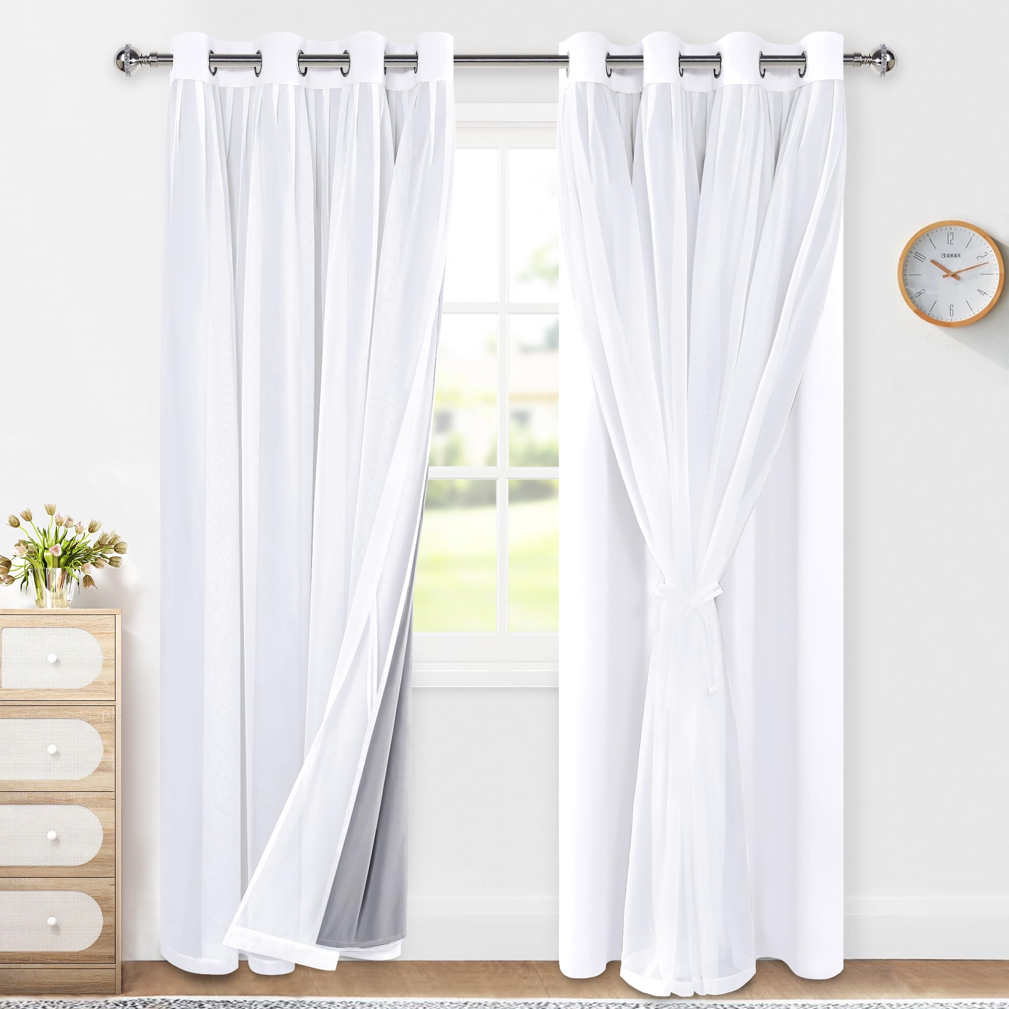 XWZO White Double Layer Curtains, 100% Blackout Curtains with Sheer Overlay for Nursery, Living Room, Children's Room, Grommet Thermal Insulated Privacy Curtains with Tiebacks, 2 Panels, 52x84