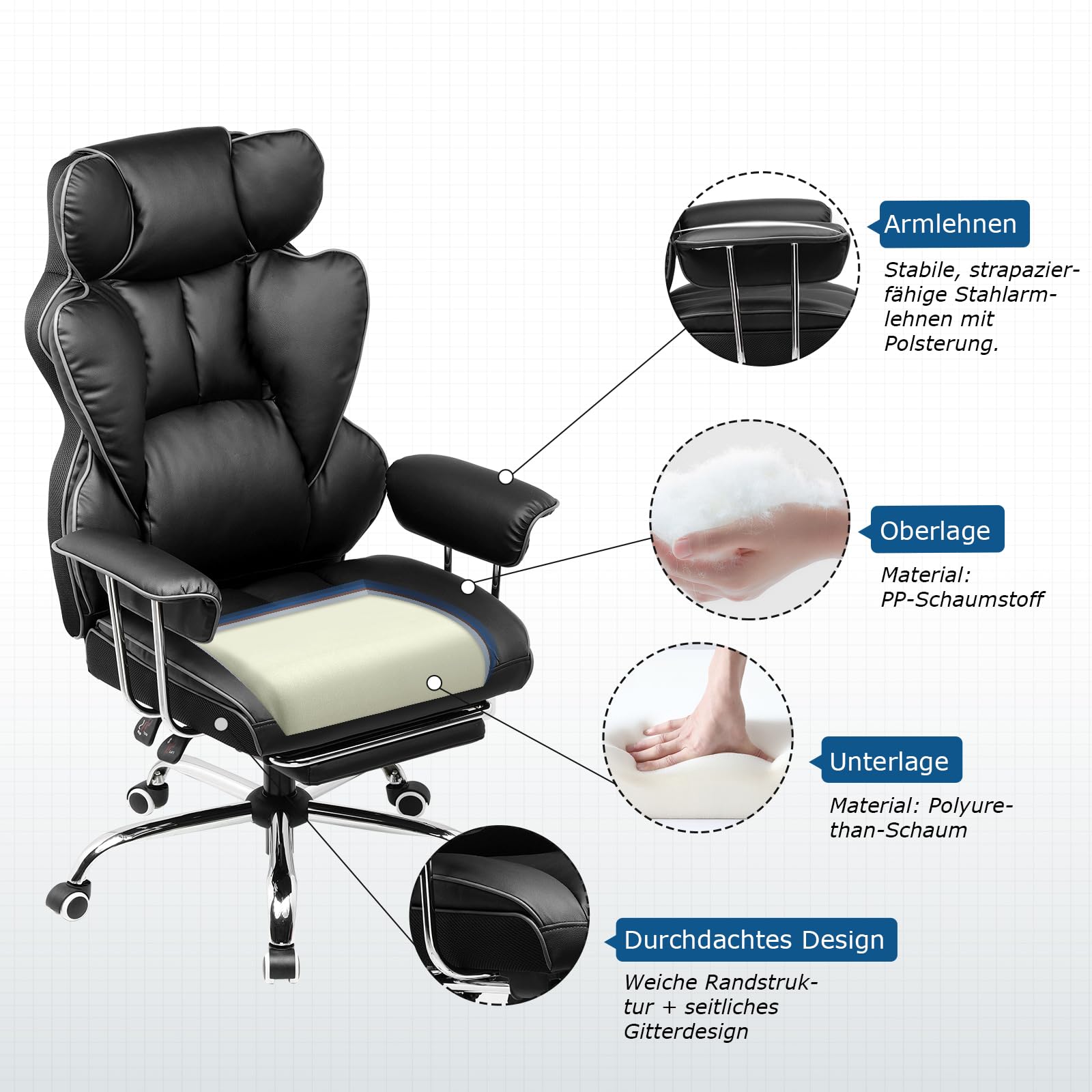 GTPLAYER Chaise Gaming, Fauteuil Gaming Ergonomique, Siège Réglable, Repose-Pieds Télescopique, pivotante, Supporte 180 kg, Noir