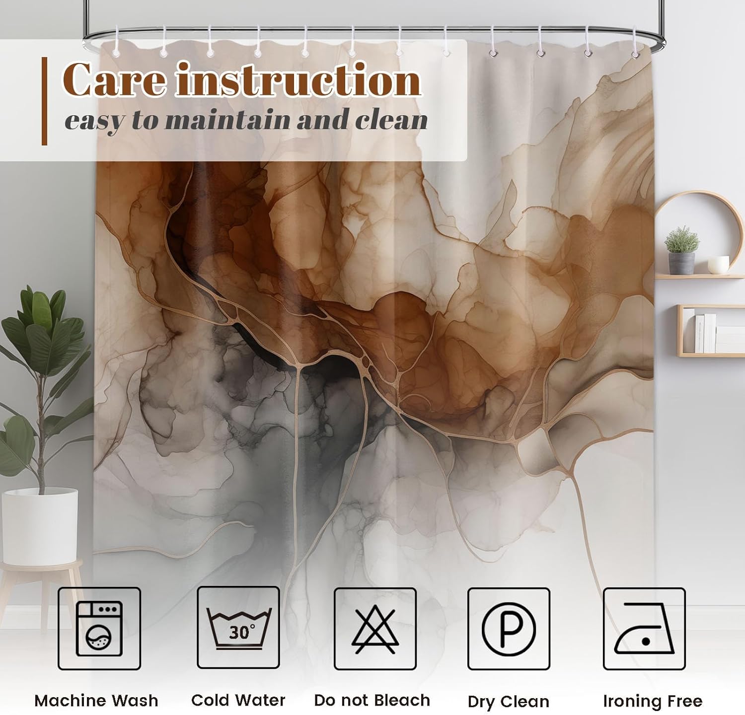 Brown Marble Shower Curtain Abstract Alcohol Ink Design Modern Crack Shower Curtains for Bathroom Decor, Waterproof Cloth Fabric with Plastic Hooks 36 x 72 in