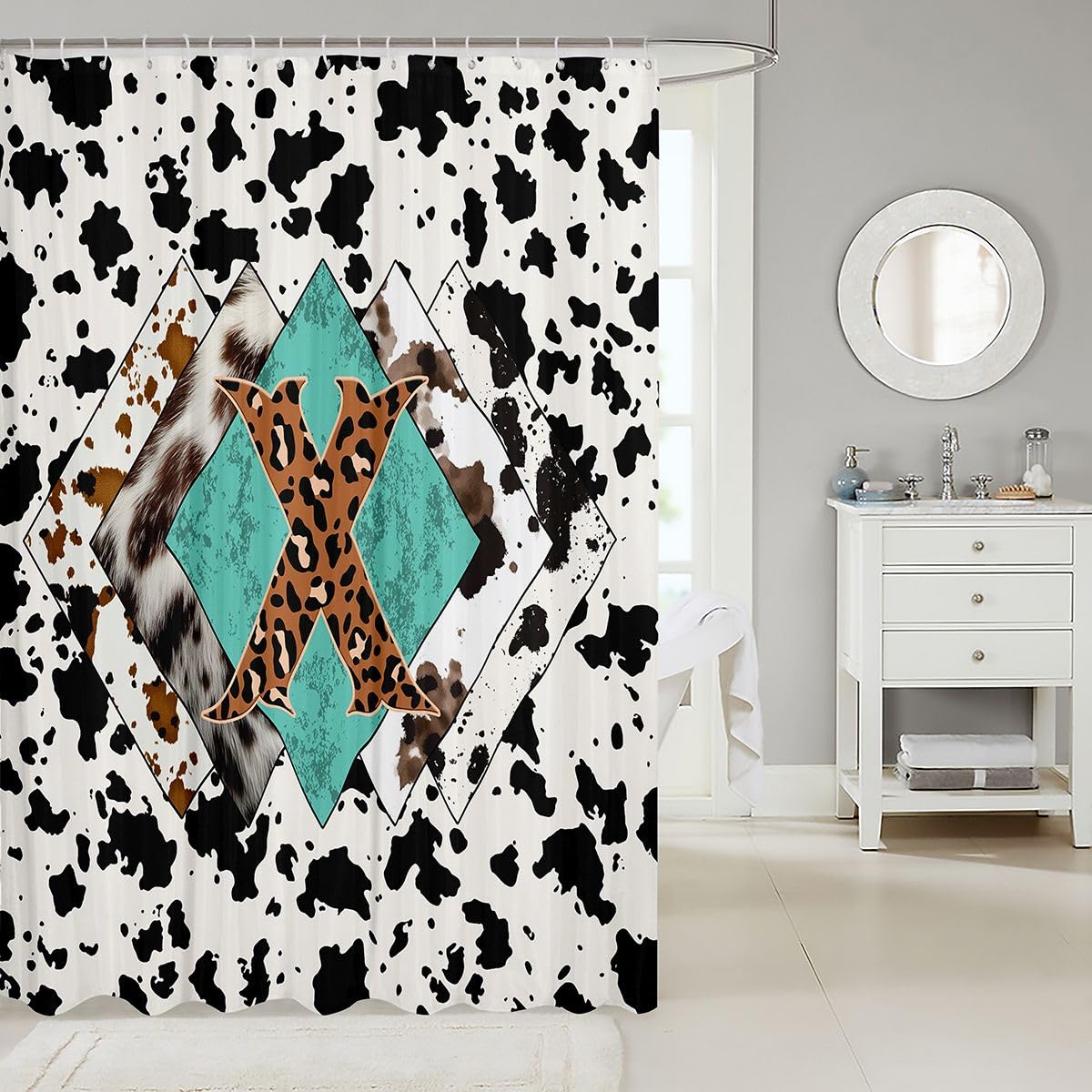 Rideau de douche lettre X taille L léopard monogramme alphabet imprimé cuir de vache rideau de bain pour adultes style rustique rustique rideaux de bain imperméables avec 12 crochets pour baignoire