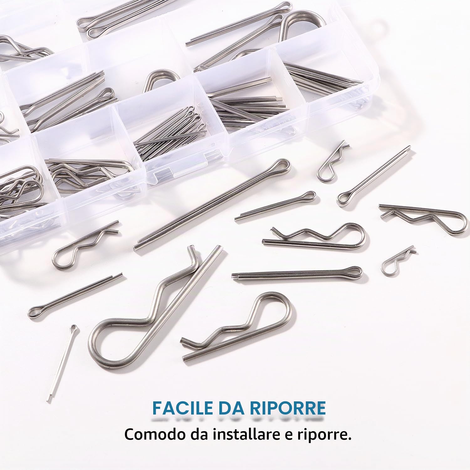 VooGenzek 100 Pezzi 13 Taglie Kit di Coppiglia Acciaio Inossidabile, R Clip Perni di Fissaggio, Coppiglie, per Auto, Meccanica, Garage, Officina