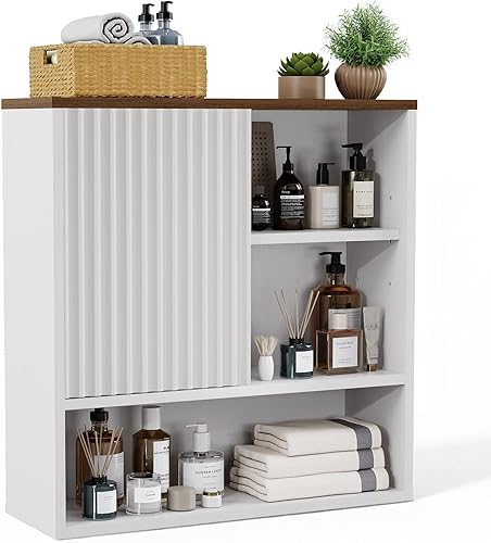 Vista 8 de Armario de Pared de Baño Estilo Granja Acanalado, Botiquín Sobre el Inodoro Armario de Almacenamiento con Estante Ajustable, Organizador de Armario