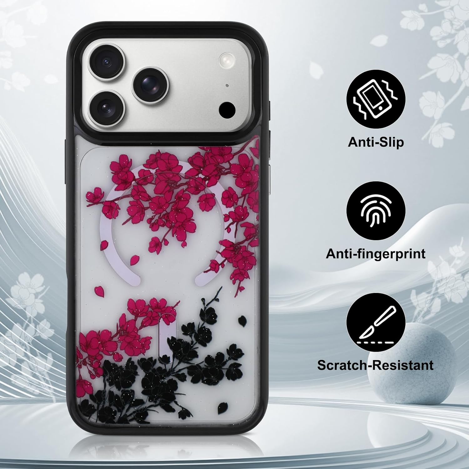 OOK Case Fit for iPhone 17 Pro Max 6.9 Inch (Compatible with MagSafe) Clear Glitter Phone Cover with Hot Pink Floral Flowers Design Soft TPU + Hard PC Anti-Scratch Shockproof Magnetic Case for Women