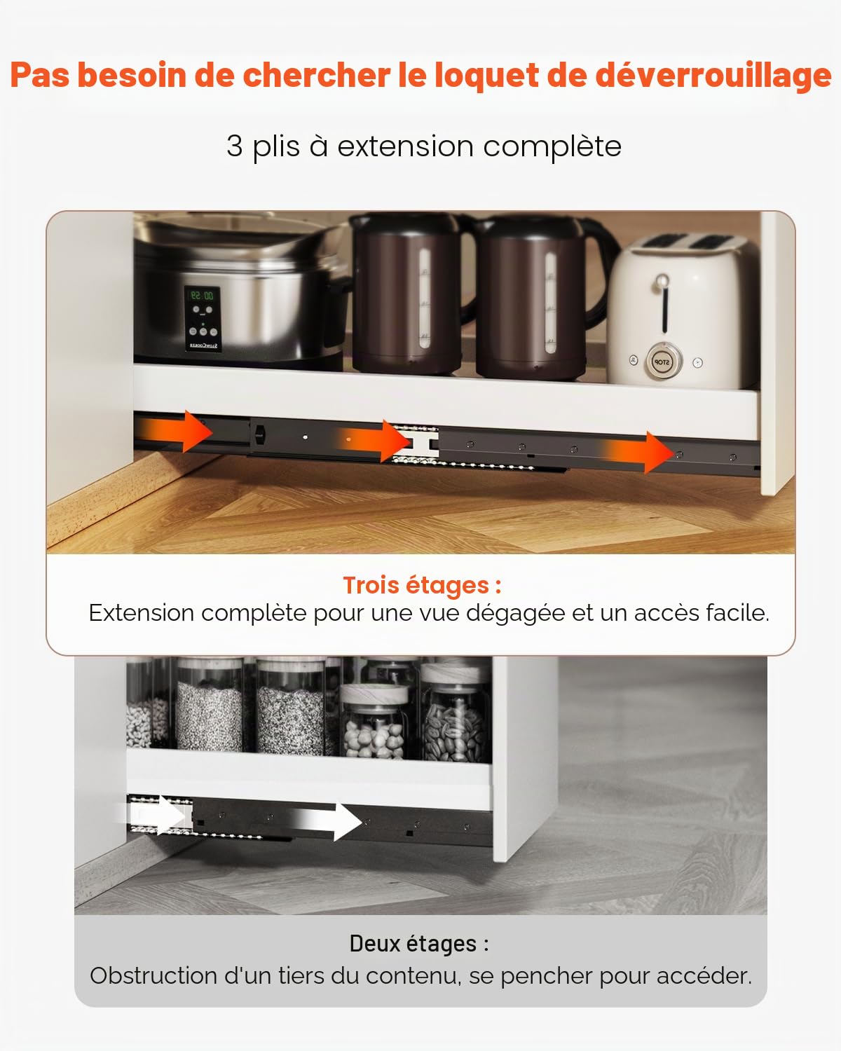 VEVOR Glissières de Tiroir sous Escalier, 1000 mm, Coulisses de Tiroir à Roulement à Billes Extension Complète, Capacité de Charge 117 kg, Rails d'Armoire Inférieur Robustes, pour Bricolage, Noir