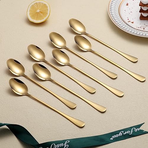 Miniatura 4 de Juego de 8 cucharas de café y té de acero inoxidable dorado prémium (mango largo, helado, cóctel)