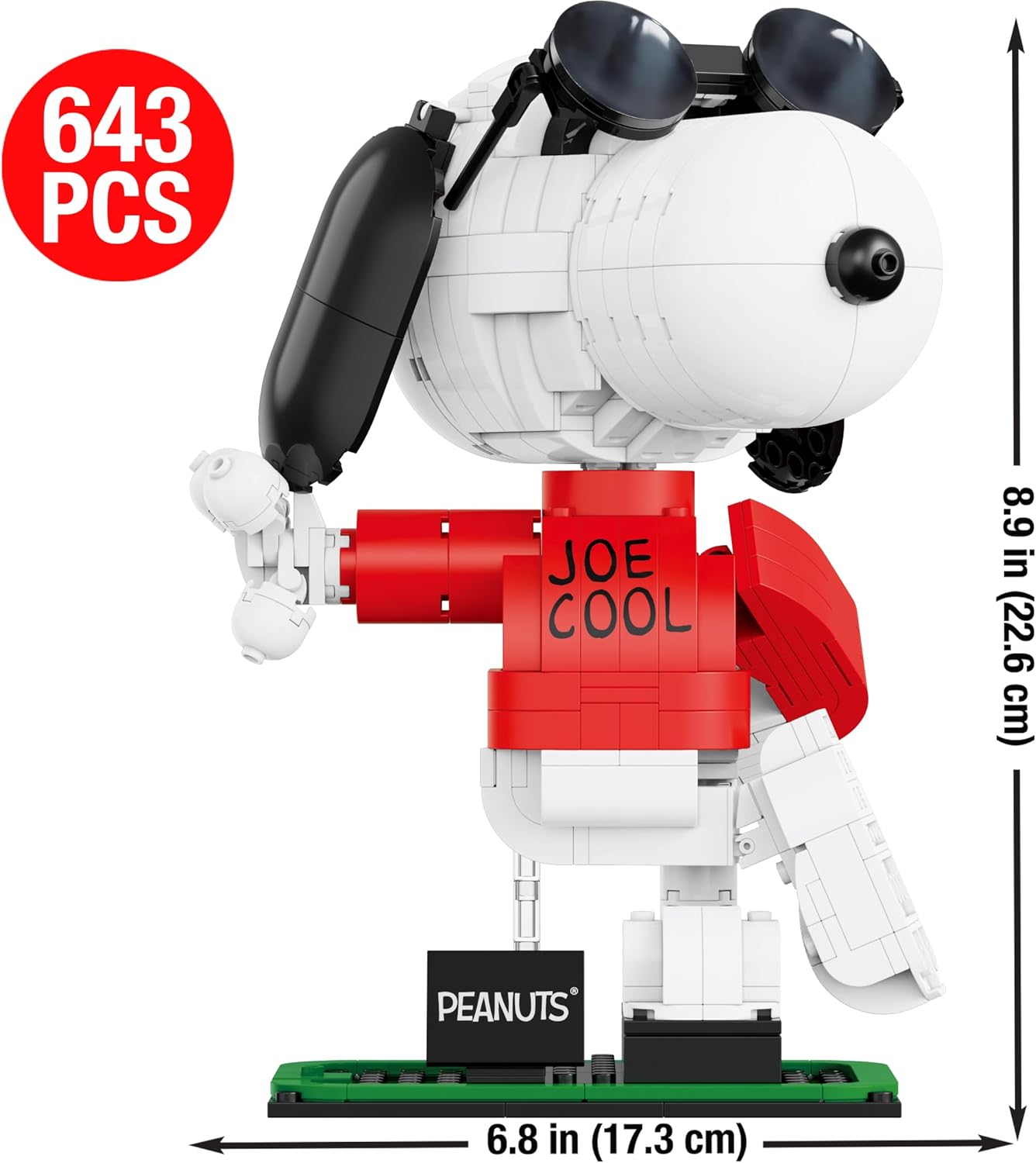 Brickcraft Peanuts Joe Cool Brick Building Kit (643-Piece Set), 2-in-1 Poseable Snoopy Figure with Woodstock, Display Base and Sunglasses, Collectible Display Gift