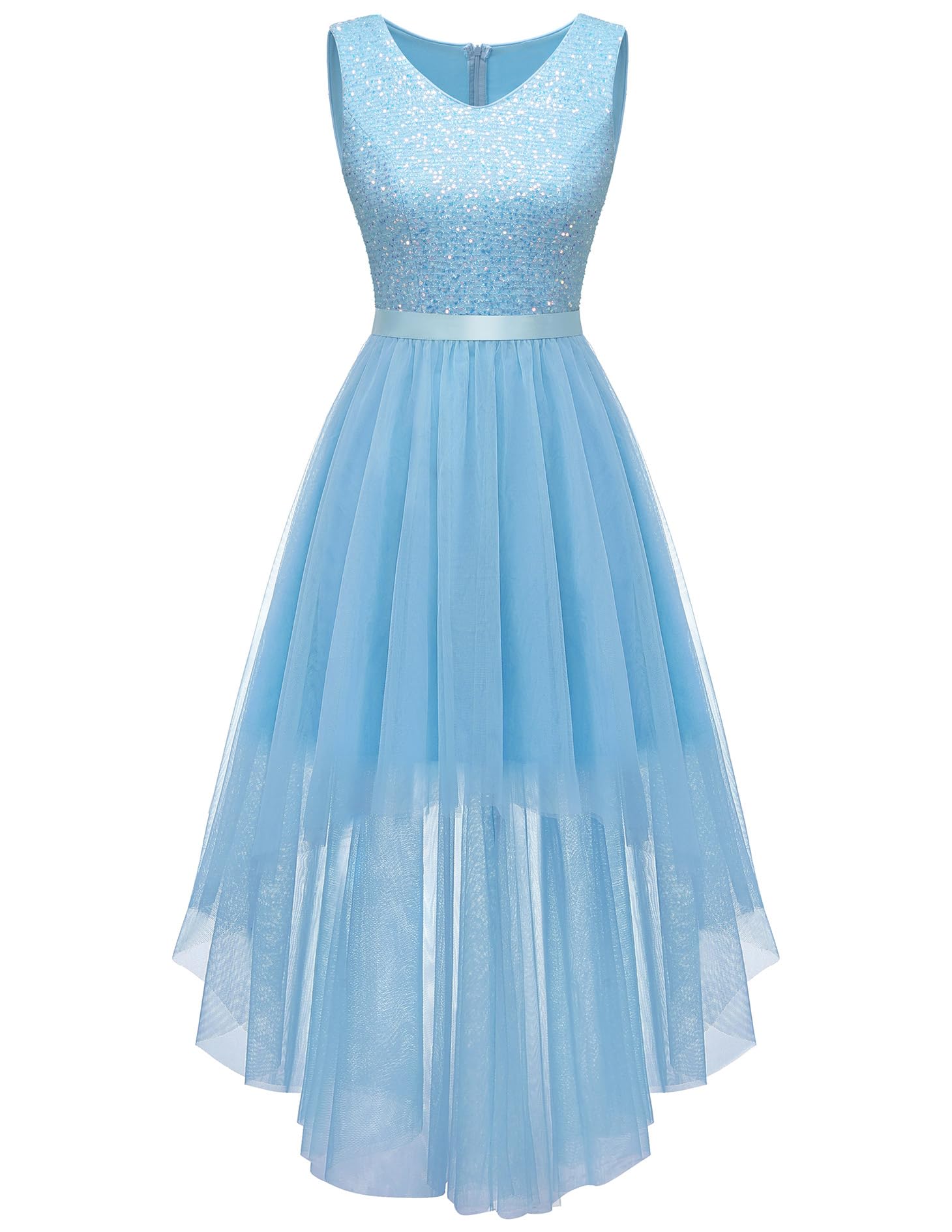BeryLove Women's Sequin Homecoming Teen Cocktail Prom Dress High Low | Sparkly Tulle Midi Dress, Sleeveless V Neck Wedding Guest Gowns, Glitter