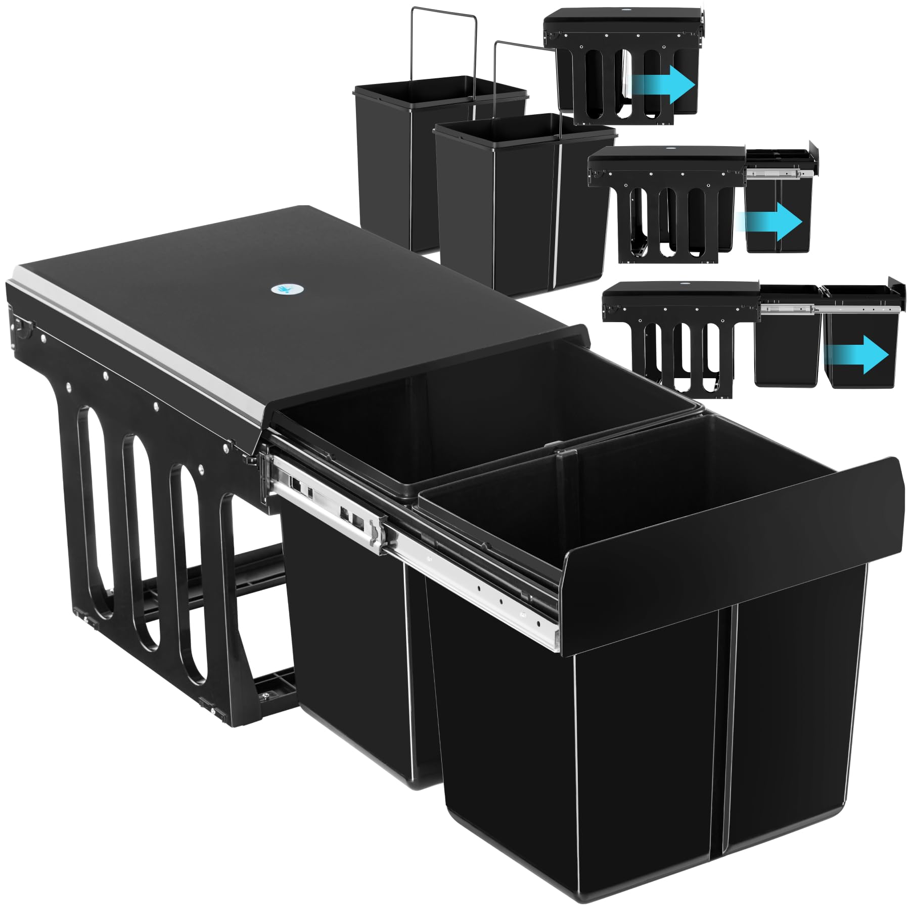 tectake® Poubelle de tri selectif pour Meuble de cuisine Poubelle cuisine Noir Poubelle 2 compartiments 2x15L Poubelle cuisine 30 litres Poubelle sous evier Poubelle encastrable Poubelle plastique