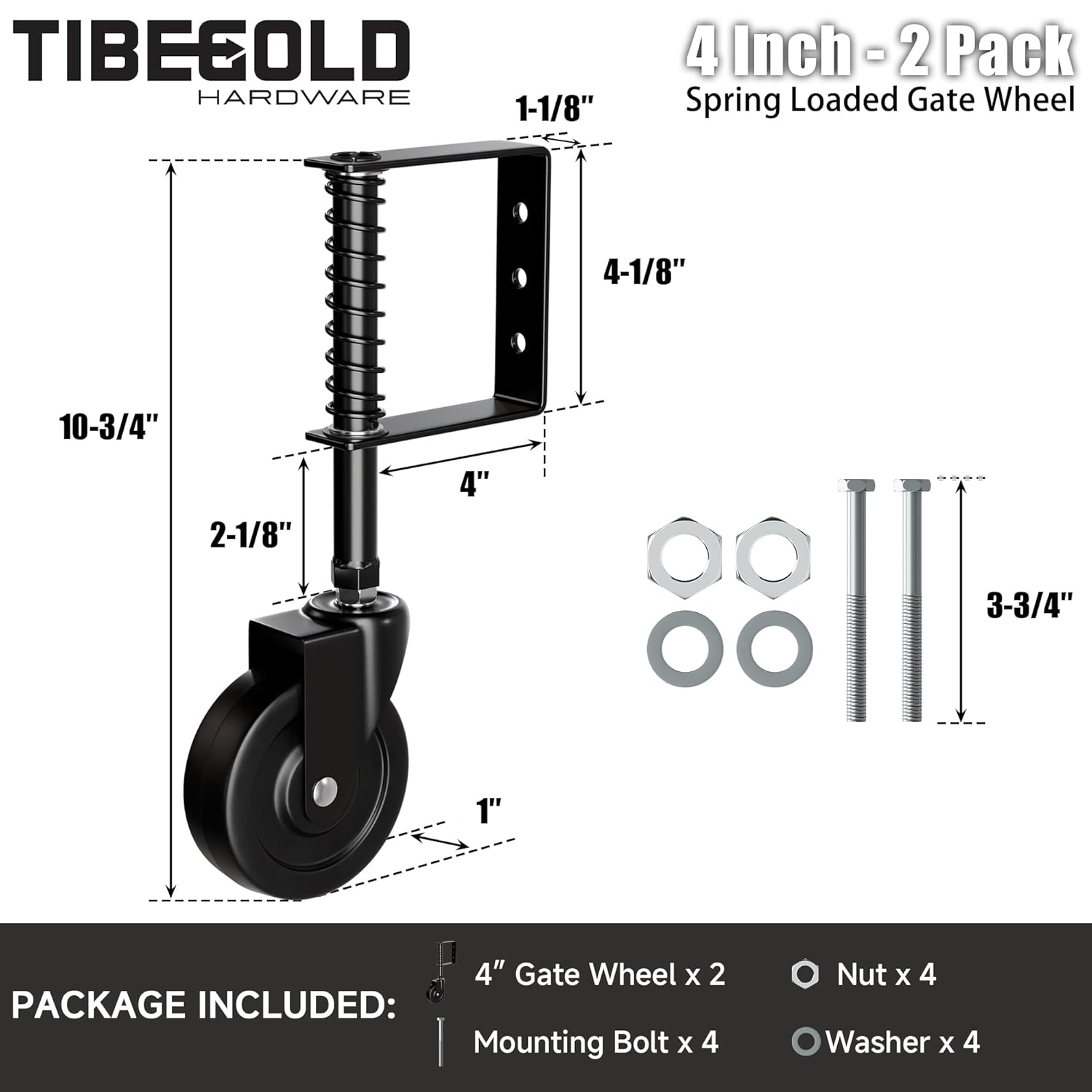 4" Spring Loaded Gate Caster, Heavy Duty Gate Wheel for Outdoor Wooden Gate Fence, Gate Support Helper with 360° Swivel, Anti Sag Gate Kit, 220 Lbs Capacity, Black, 2 Pack