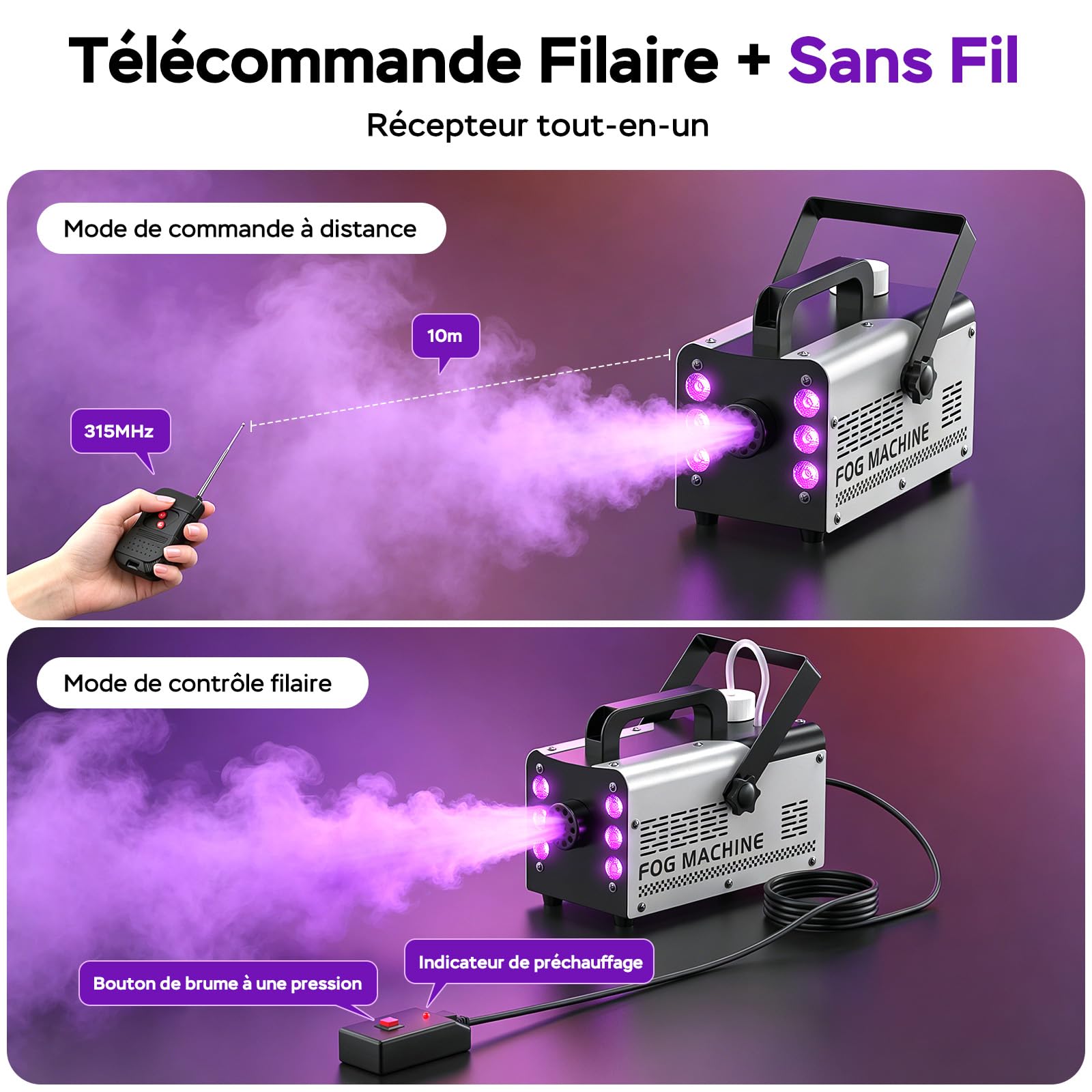 Machine à Fumée Mini Machine à Brouillard avec 6 LED Lumières Contrôlables en Couleur, 400 W avec télécommande, DJ Mariage Halloween Fête et Spectacle Noël Contrôle double mode
