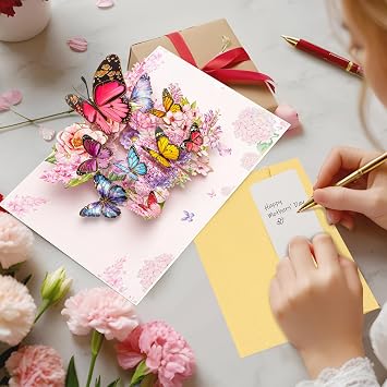 Butterfly Flower Pop Up Card, 3D Birthday Card with Note Tag and Envelope, Personalized Greeting Cards for Birthday, Mother's Day, Anniversary, Valentines Day
