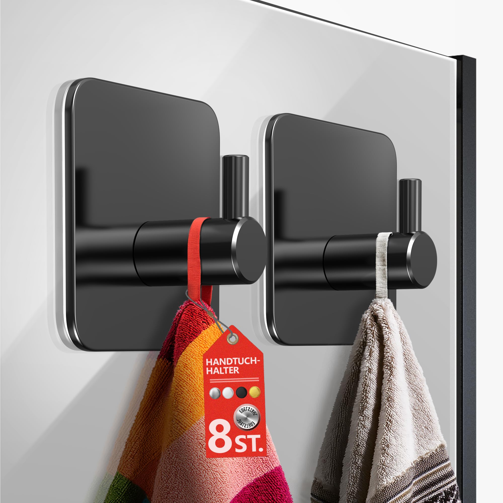 4smile Handtuchhaken ohne Bohren - 8er Set Handtuchhalter schwarz ohne Bohren, Edelstahl Haken, Klebehaken wasserfest - Haken selbstklebend, Bad Handtuchhaken, funktionale Badezimmer Handtuchhalter