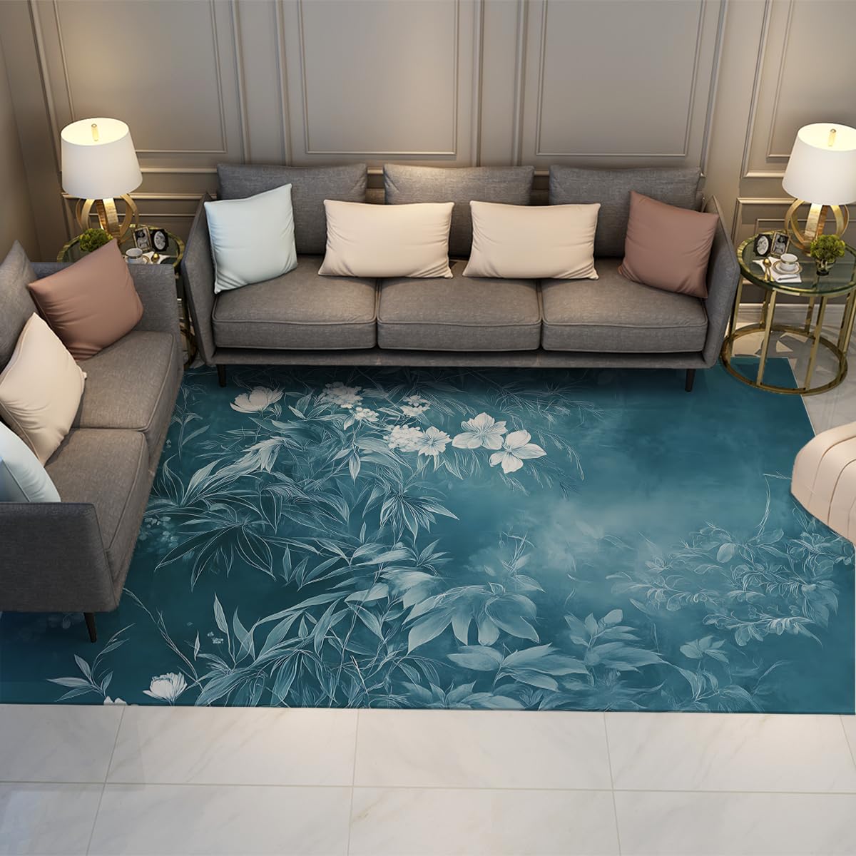 Tapis lavable antidérapant fleurs moderne et bambou pour sol de salon