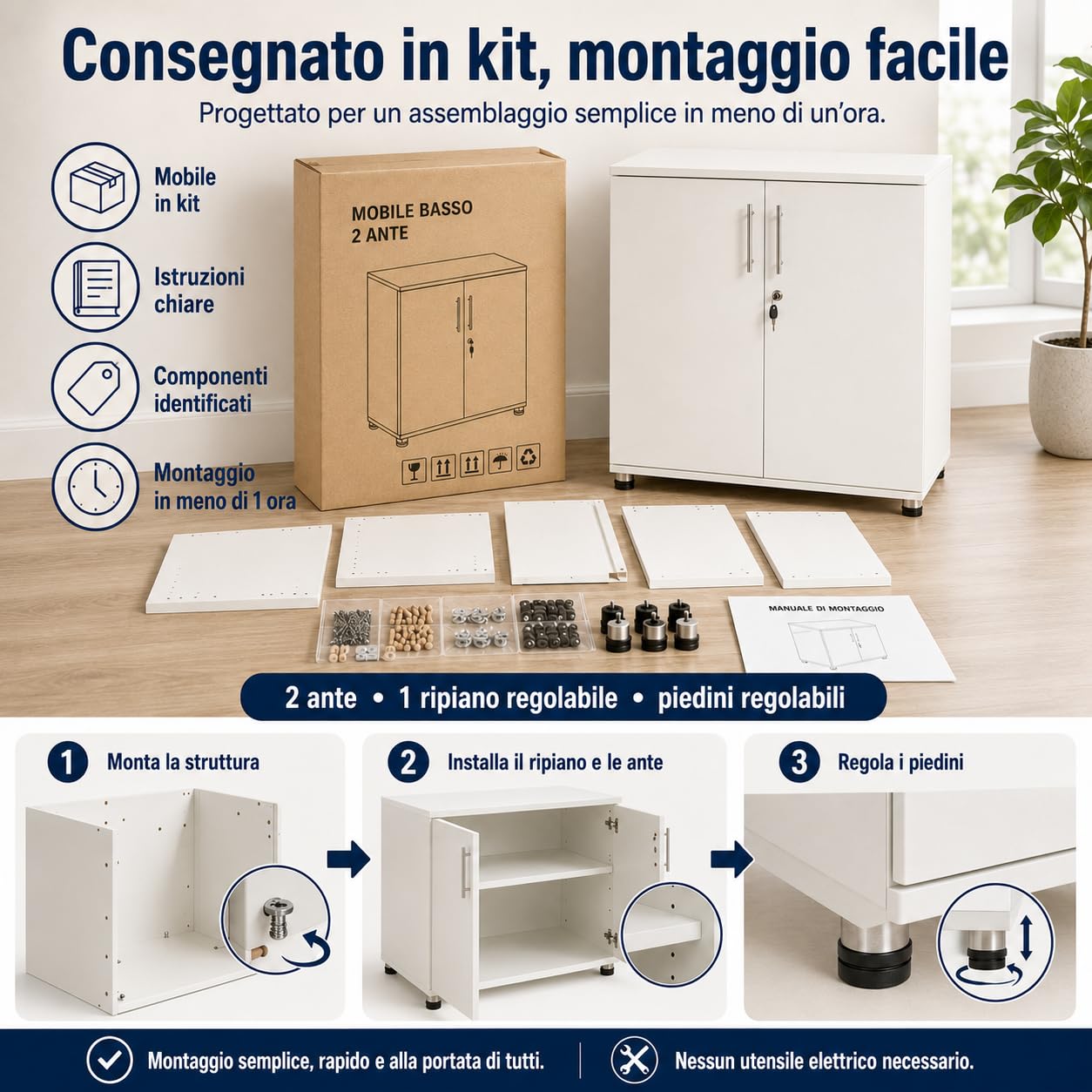 Ufficio Bianco Armadio Armadio scrivania 2 Ante libreria con Serratura Altezza 73 cm Estensione scrivania Altezza