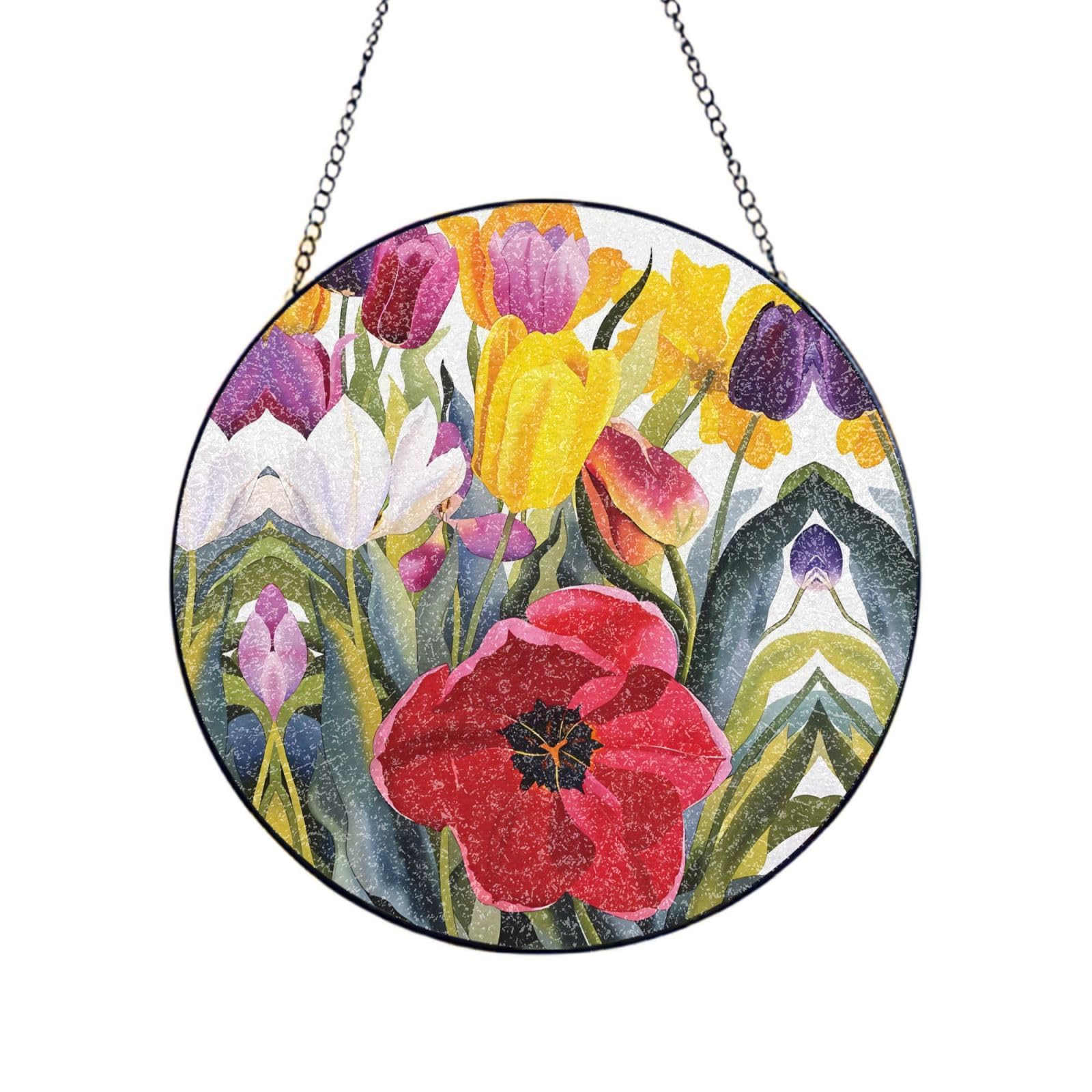 Phayah Tulip Garden Print Glass Window Hanging Round Suncatcher Glass Ornament Garden Wall Fence Decorations Indoor Outdoor 12in（30cm）