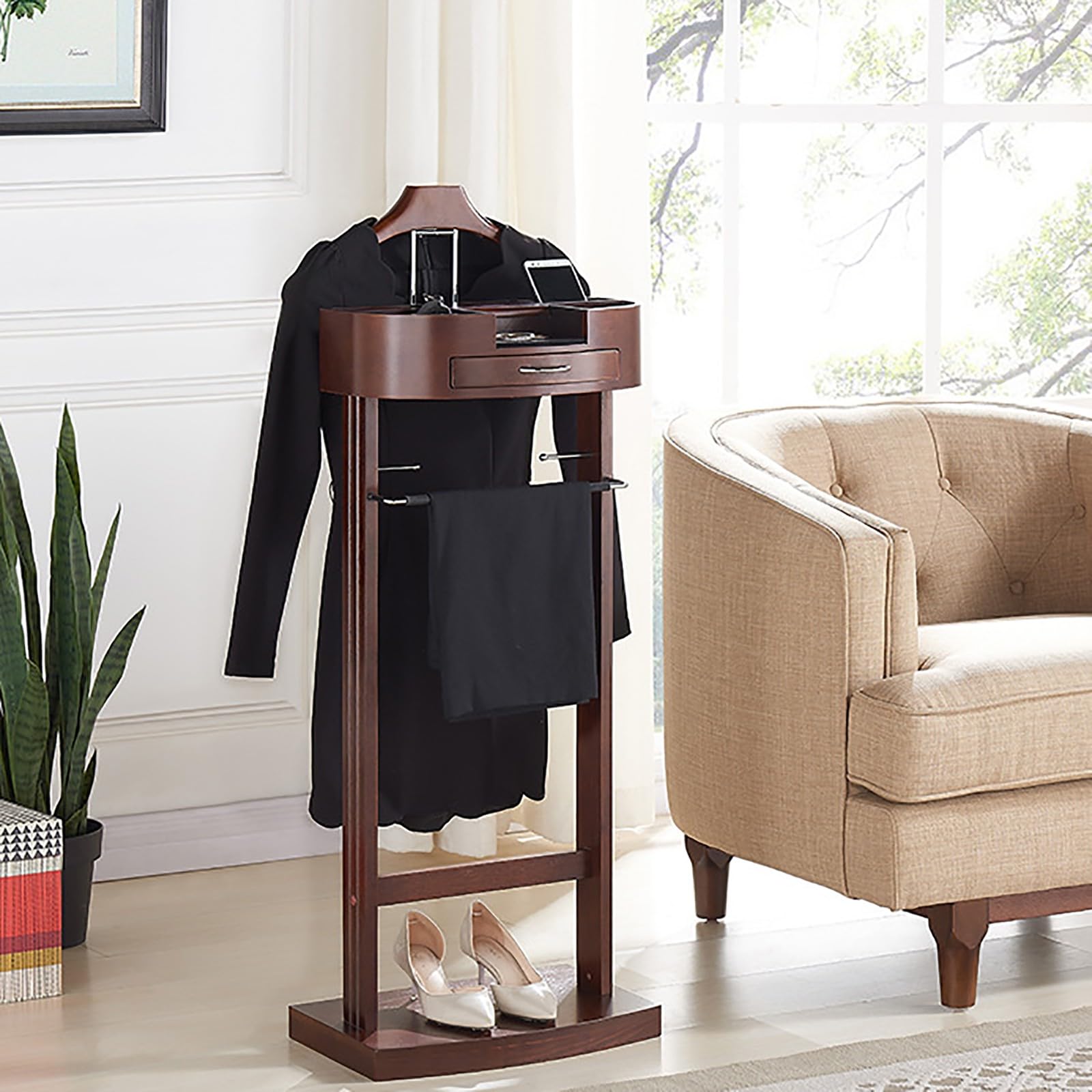 Valet Stand multifonctionnel, porte-vêtements en bois massif avec base et support de pantalon Valet Stand,Valet de vêtements debout au sol