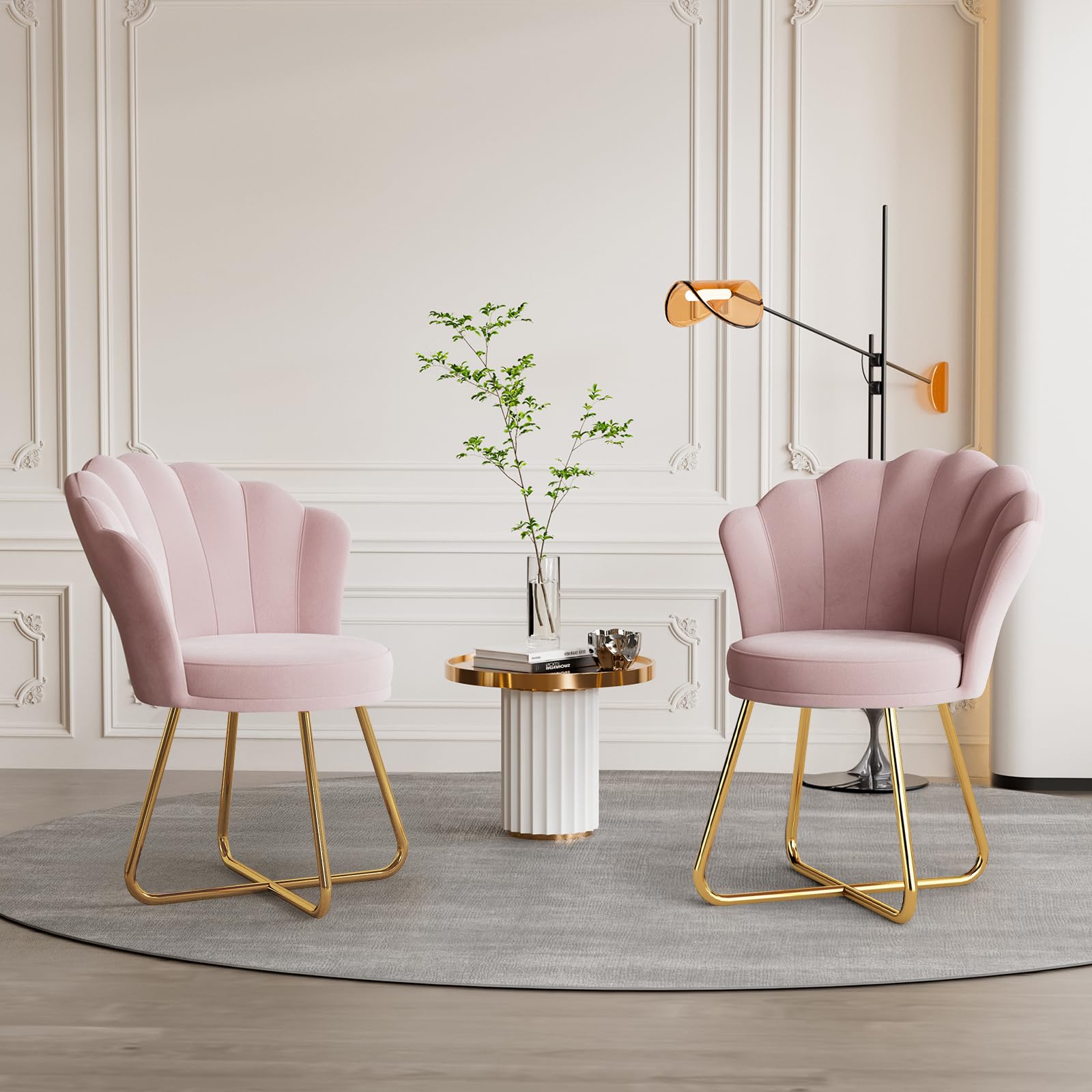 Hawthyhome Polstersessel esszimmerstühle，Stuhl schminktisch， Stuhl samt，Blütenblatt-Rückenlehne Lehnstuhl mit Metallbeinen Gold，Bis 350lb belastbar