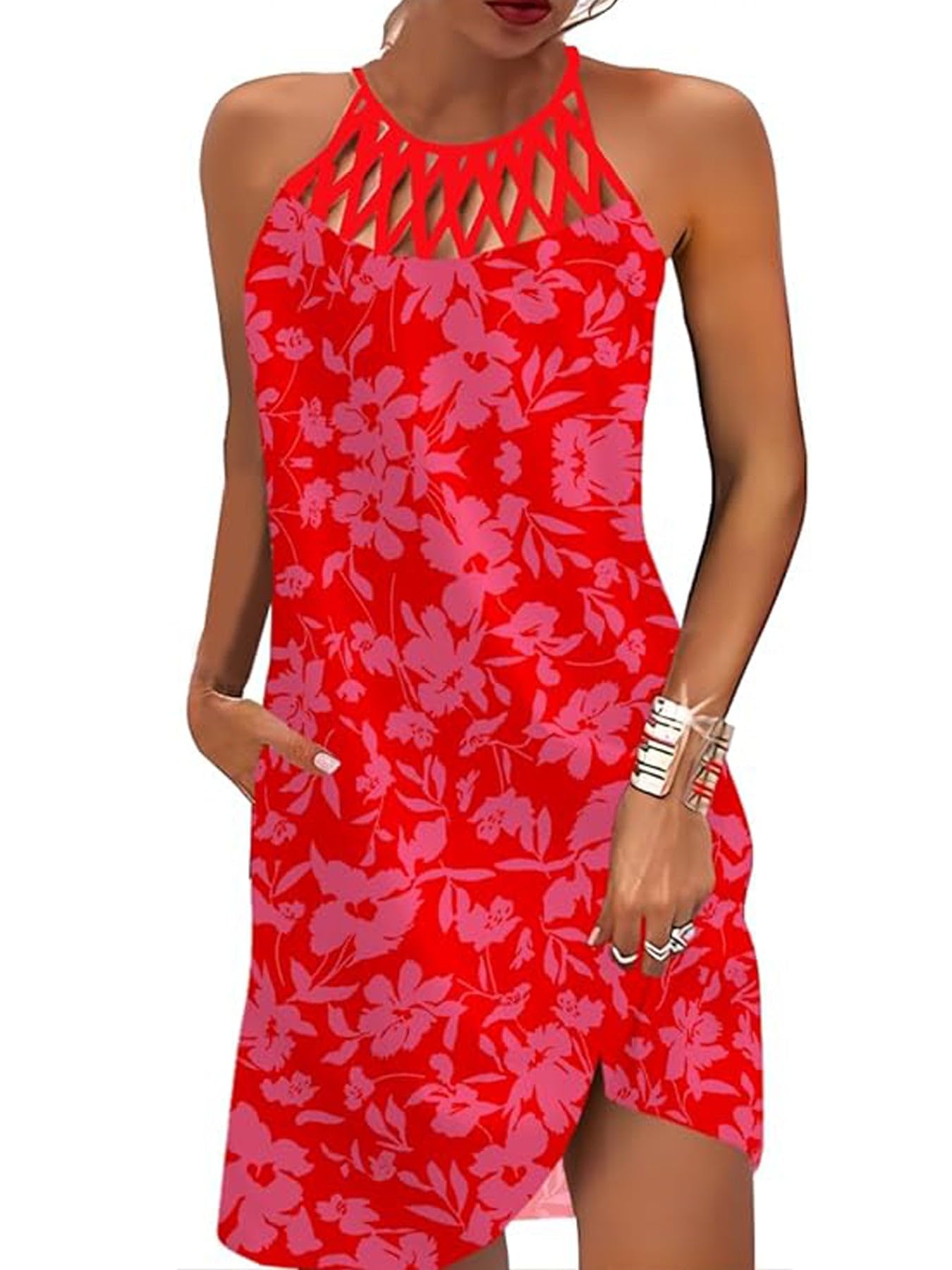 LOVESHOOT Summer Dresses for Women 2026 Casual Floral Hollow Out Halter Neck A-line Sundress for Beach Vacation with Pockets