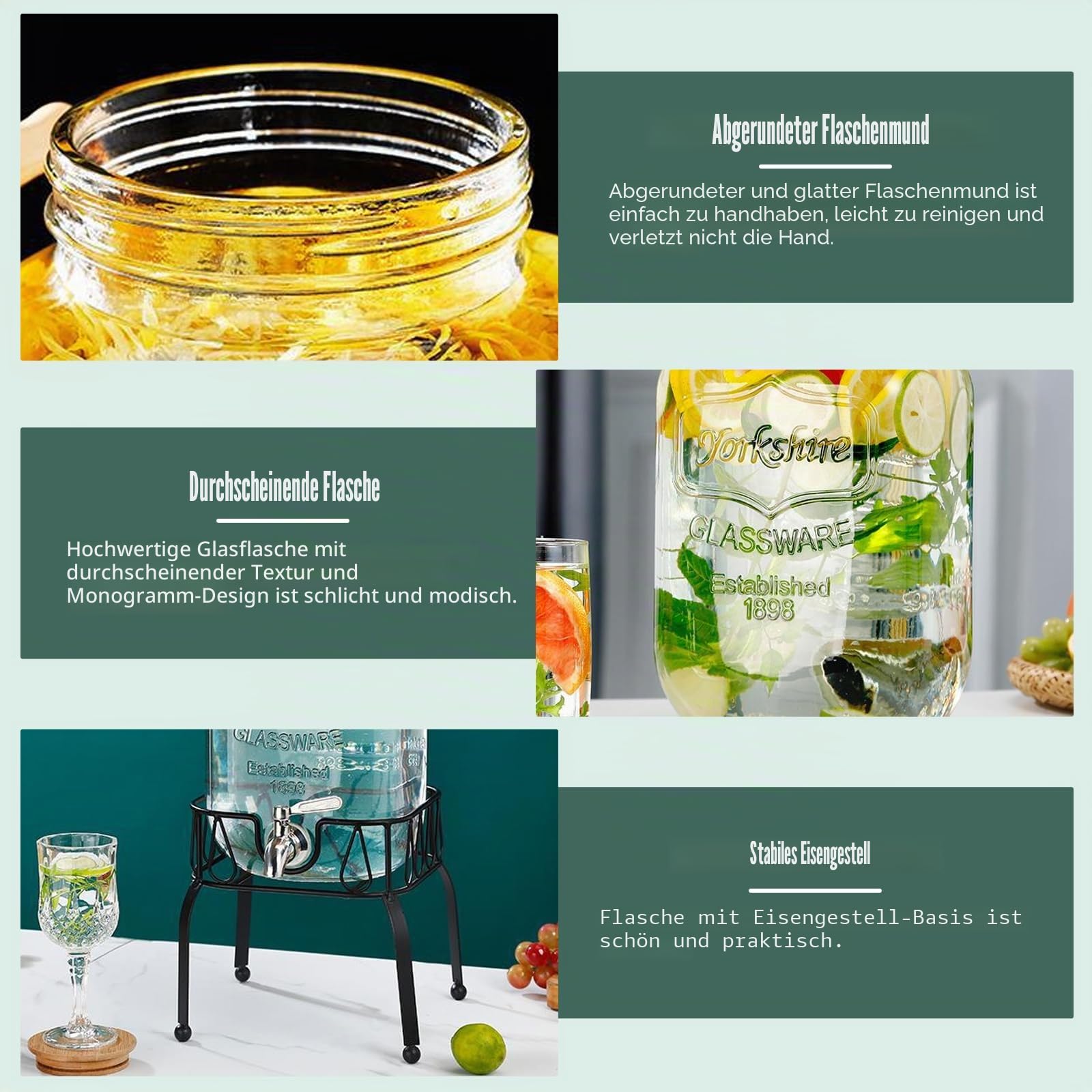 4L Getränkespender aus Glas mit Zapfhahn, Deckel und Metallständer, Wasserspender für Limonade, Saft, Eistee, Cocktails und kalte Getränke, für Party, Buffet und Küche