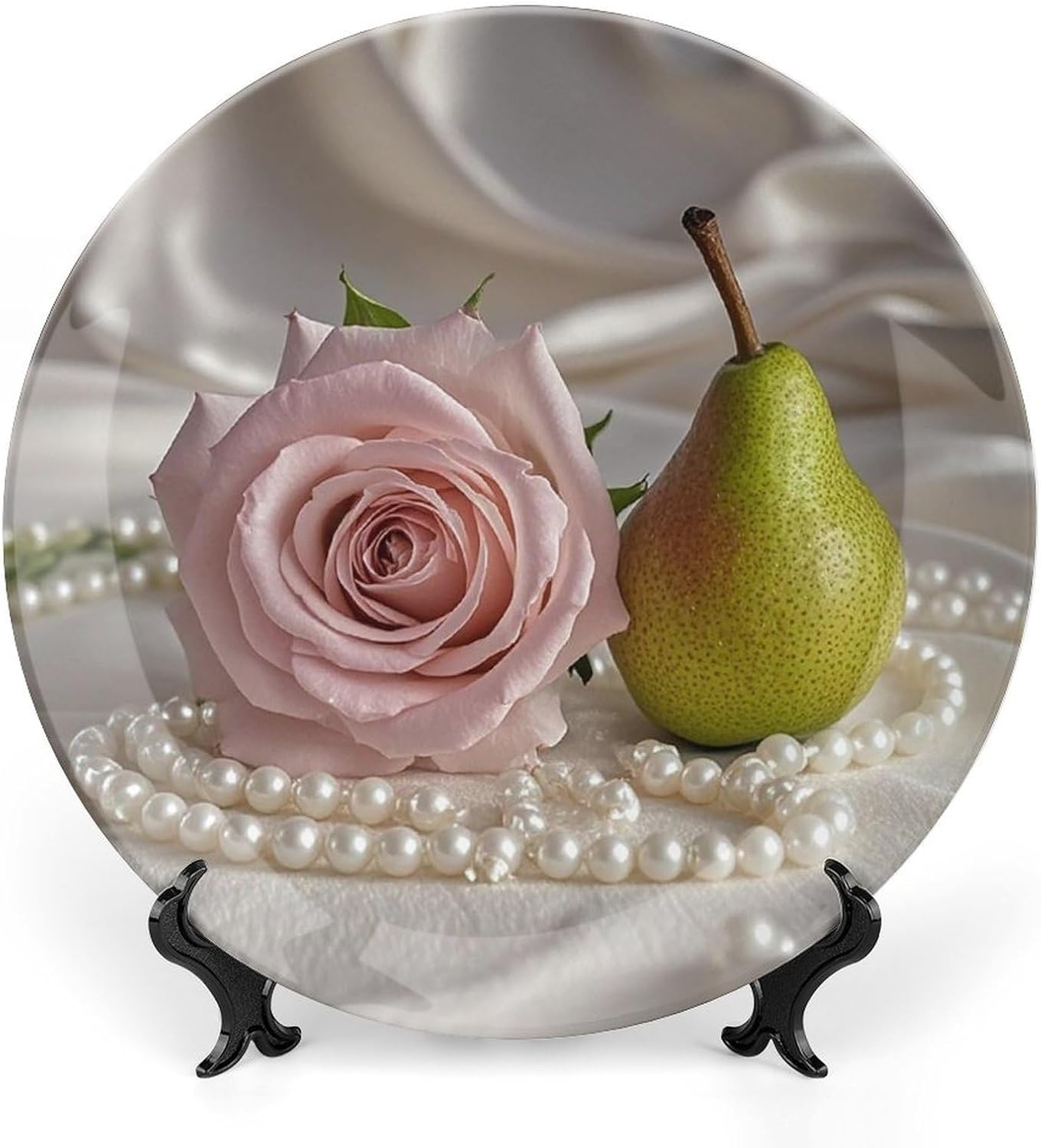 Rose And Pearls Decorative Ceramic Plate Round Porcelain Plate Decor Personalized Bone China Decorative Plates Ceramic Ornaments Dessert Plates with Display Stand 8inch