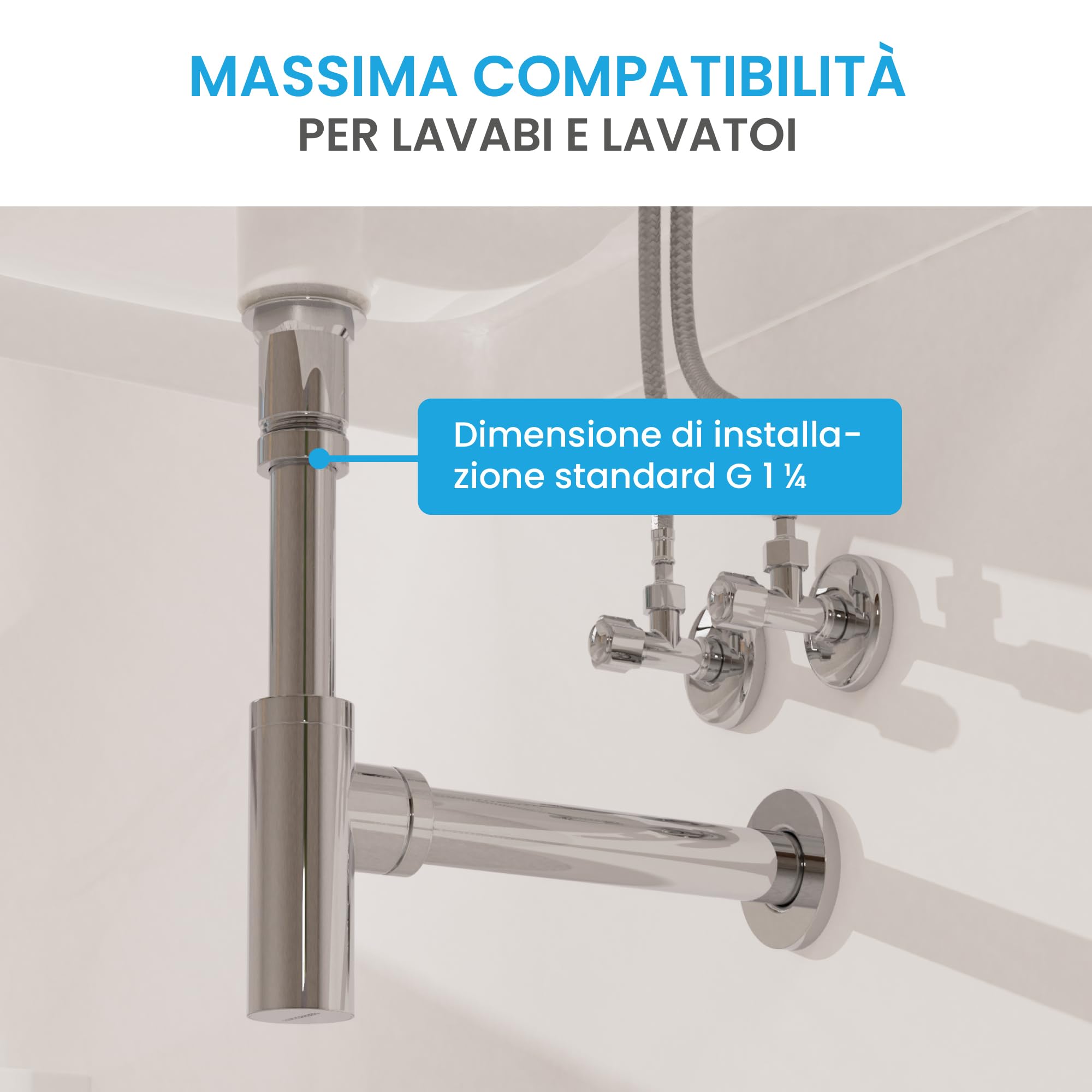 Bächlein Sifone di design universale per lavabo e mobile lavabo - piletta che si adatta perfettamente - sifone antiodore con apertura per la pulizia