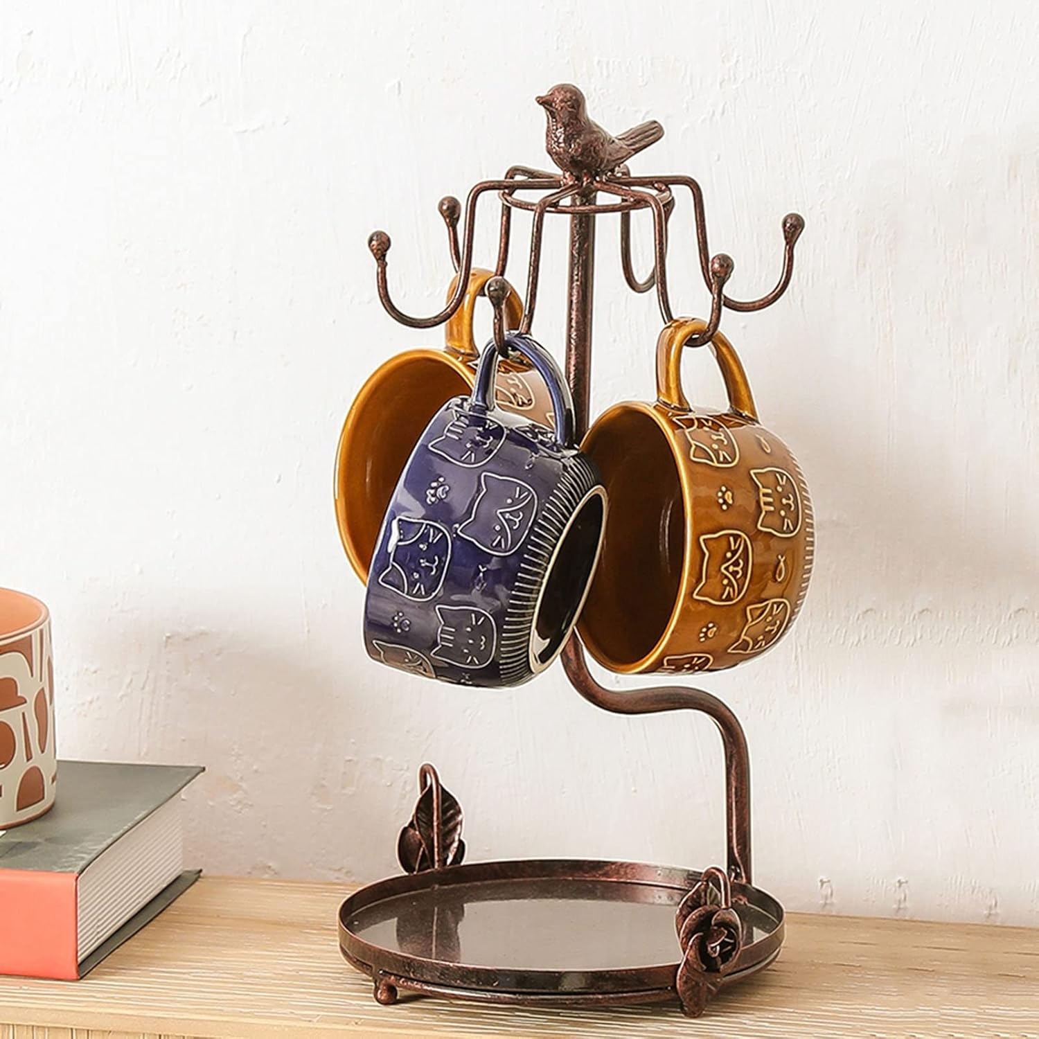 Color bronze Vintage Coffee Mug Holder,Rustic Tea Mug and Saucer Storage Display Rack,Holds 6 Cups,Bronze Iron