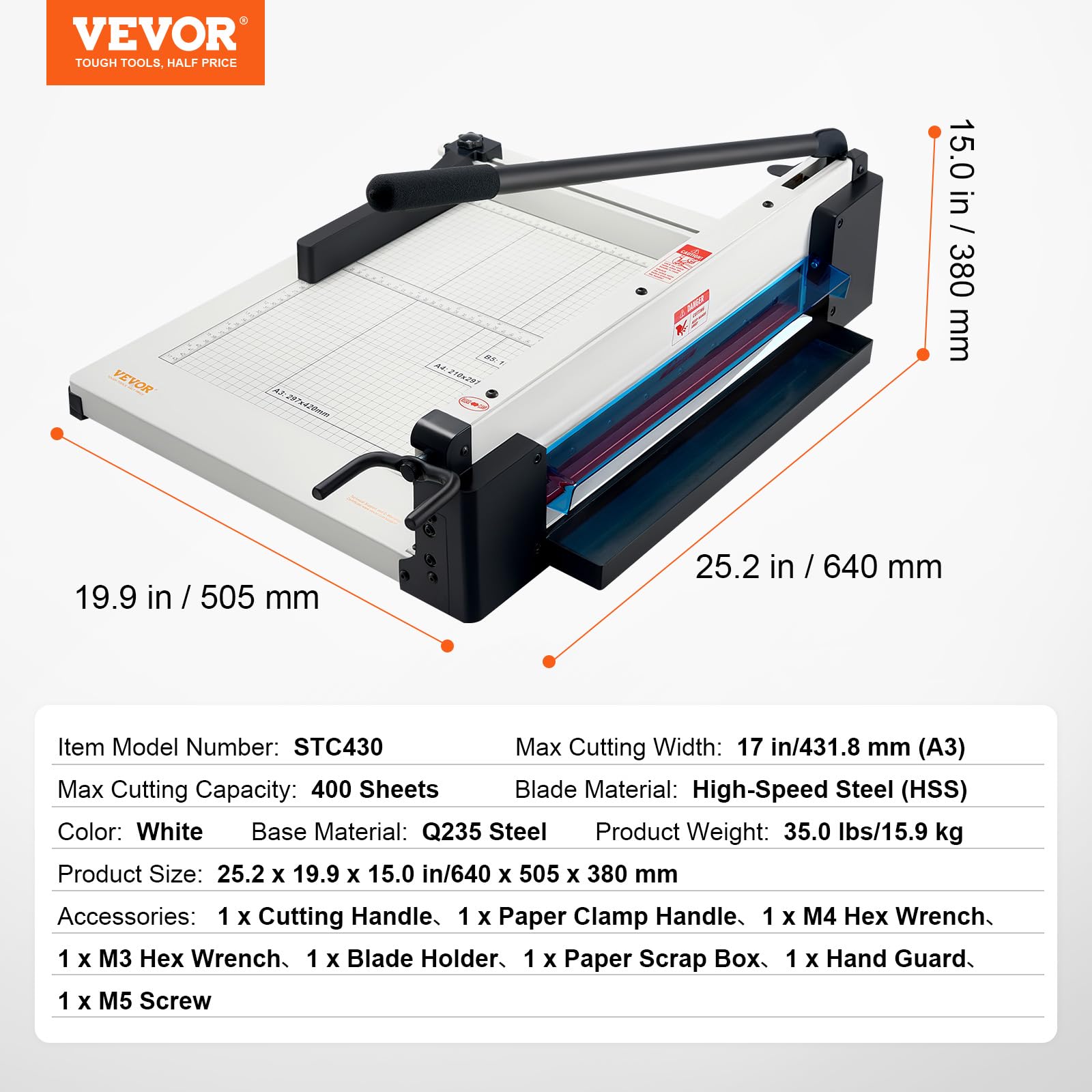 VEVOR Papierschneider manuelle Schneidemaschine (bis A3 Papier, 400 Blatt Kapazität), Papierschneidemaschine Hebelschneider, Guillotine-Schere für Papier höchste Präzision Büro Zuhause Schule