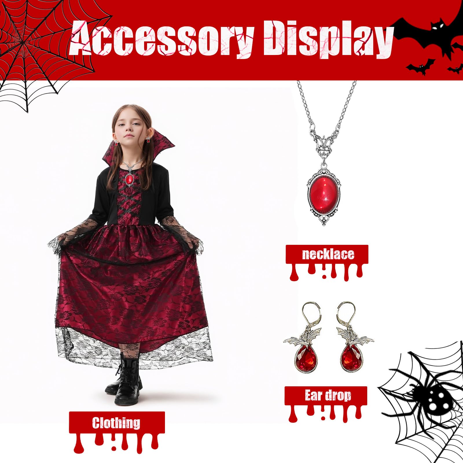 Moerstar Kids Vampire Costume Halloween Girls Vampire Princess Costume Set including Necklace Earrings for Halloween Fancy Dress Cosplay Costume (M) - Image 4