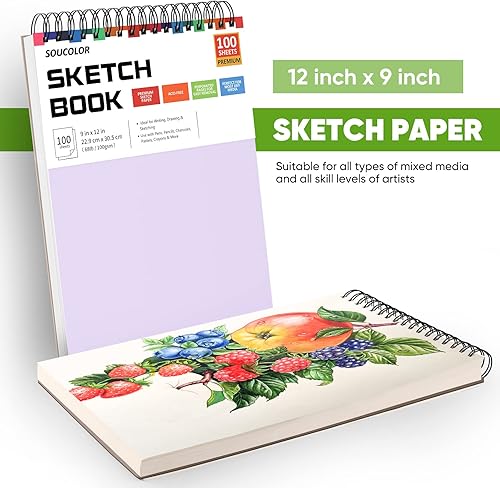 Miniatura 44 de Soucolor - Cuaderno de bocetos de 9 x 12 pulgadas, paquete de 1 de 100 hojas, encuadernado en espiral, libre de ácido (68 libras/100 g/m²), bloc