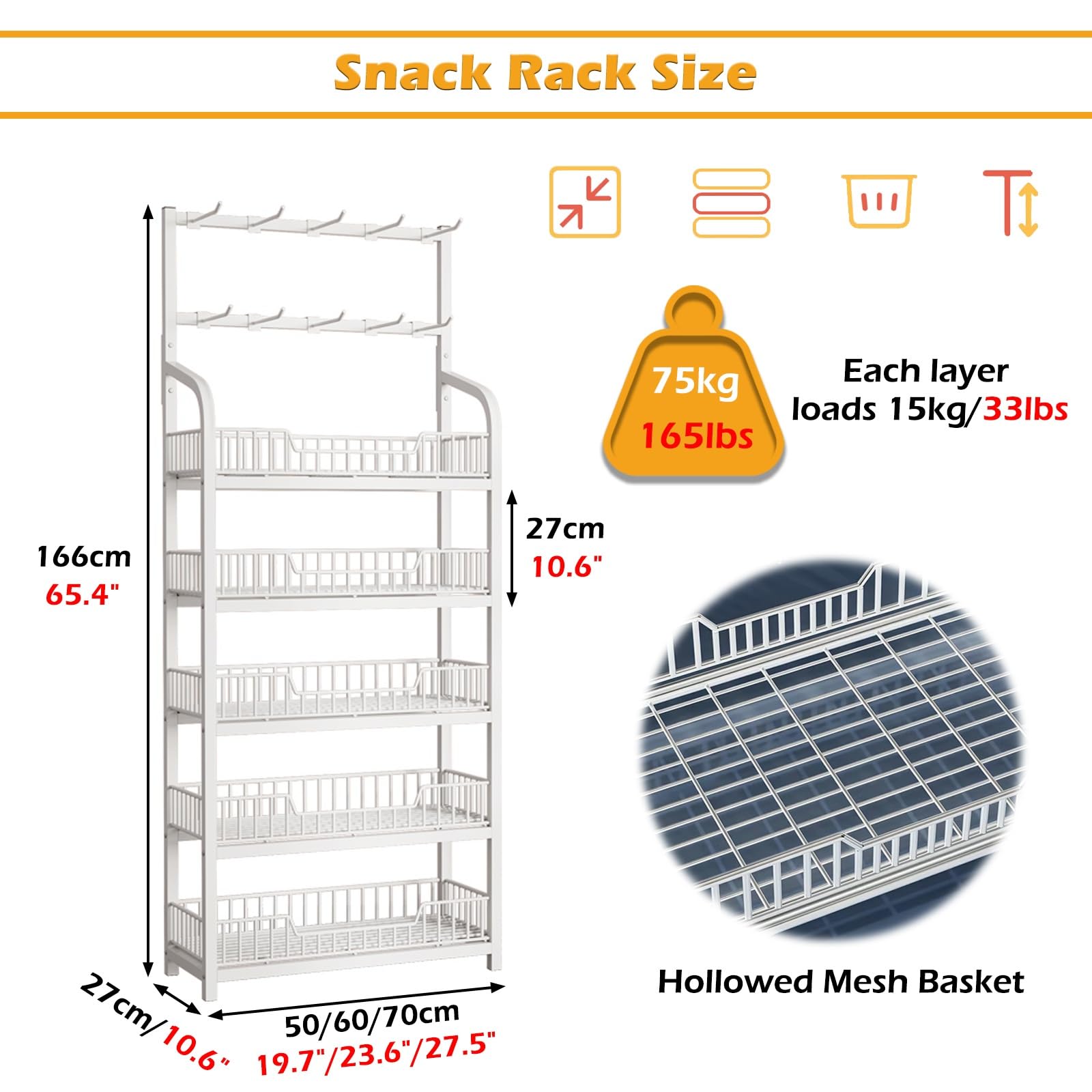 Handelsüblicher Einzelhandelsständer mit 4 5 Ebenen, Supermarkt-Snackregal mit 10 Chipstütenhaken, Metallhalter für Convenience Stores mit Geländer für Zuhause/Küche/Speisekammer (Schwarz, 5
