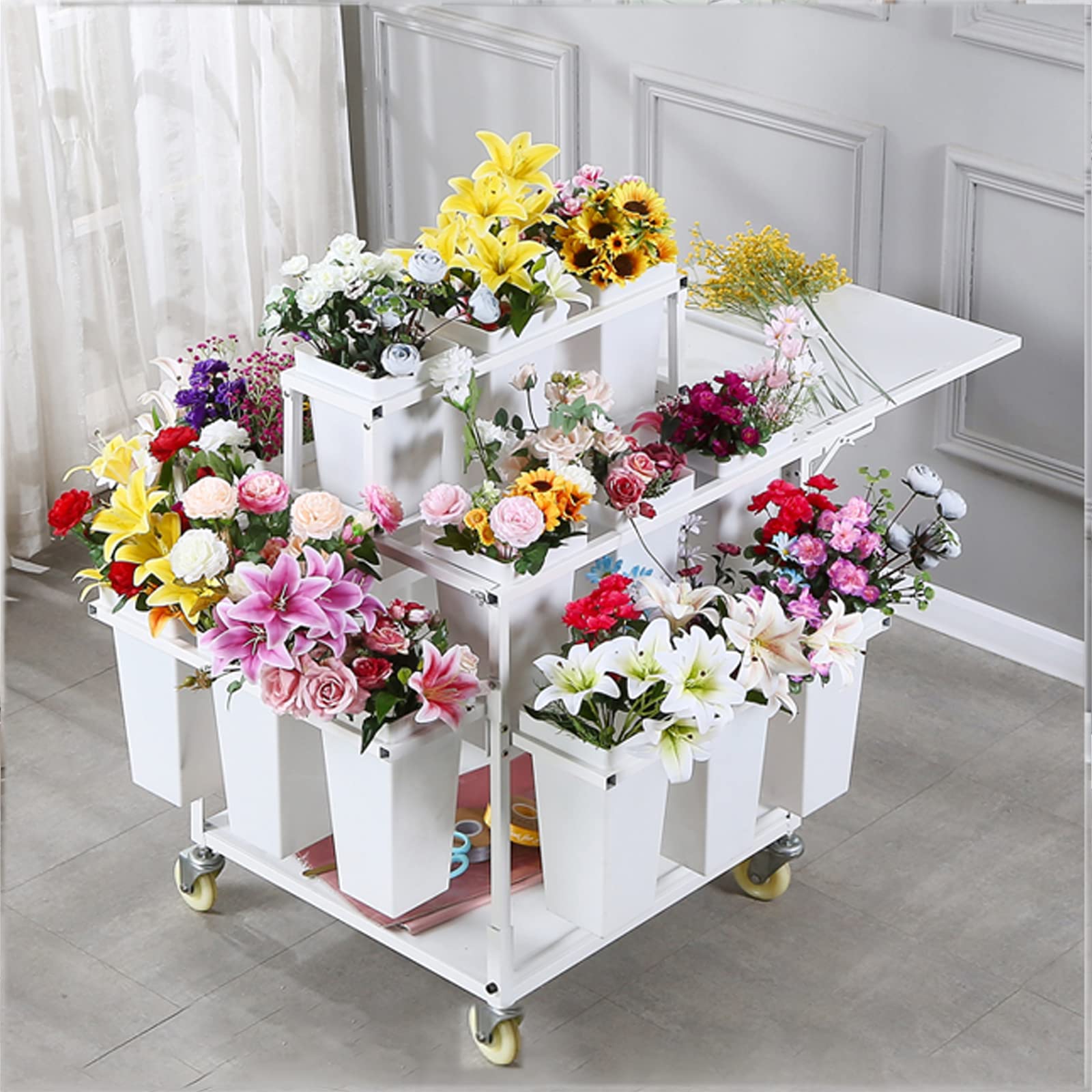 Flower Display Stand Cart, Metal Mobile Florist Bouquet Cart for