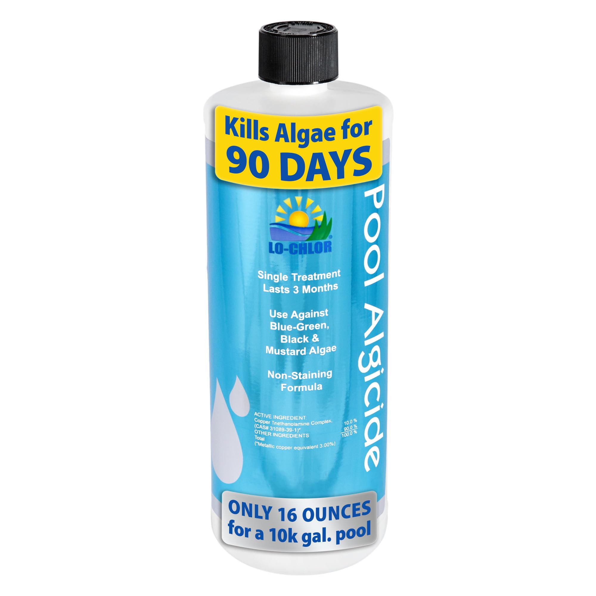 Lo-Chlor Pool Algaecide for Swimming Pools -Single Treatment Lasts 3 Months, Effective Algaecide for Pool with Unique Organo-Copper Complex - Black, Mustard, and Green Algae Killer for Pools (32 Oz)