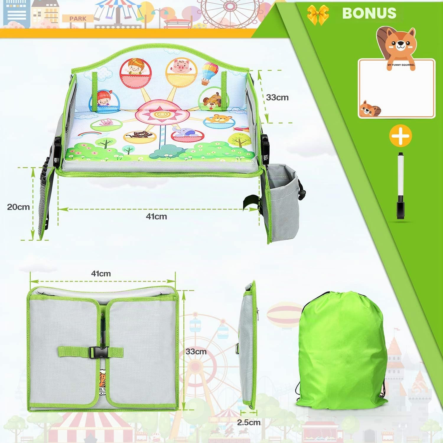 lenbest vassoio da viaggio, 1 penna per lavagna e tavola da disegno riutilizzabile per animali su entrambi i lati - vassoio per attività di gioco e snack per bambini - auto/passeggino/aereo (verde)