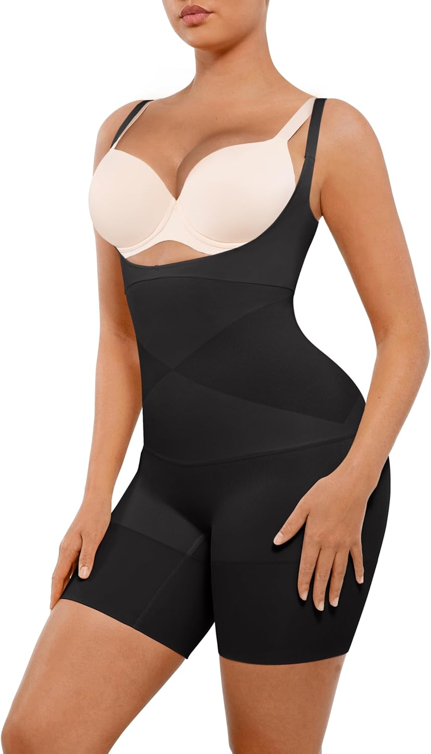 FeelinGirl Seamless Shapewear Tummy Control Sculpting Bodysuit with Butt Lifting Thigh Slimmer Open Bust Fajas for Women