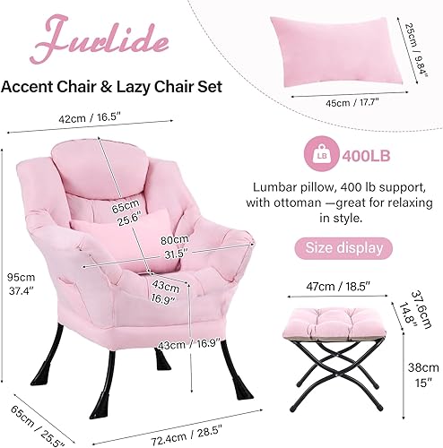 Miniatura 2 de Silla Lazy con otomana, moderna silla de estar con almohada lumbar, sillón de lectura acogedor y reposapiés plegable para dormitorio, sala de estar,