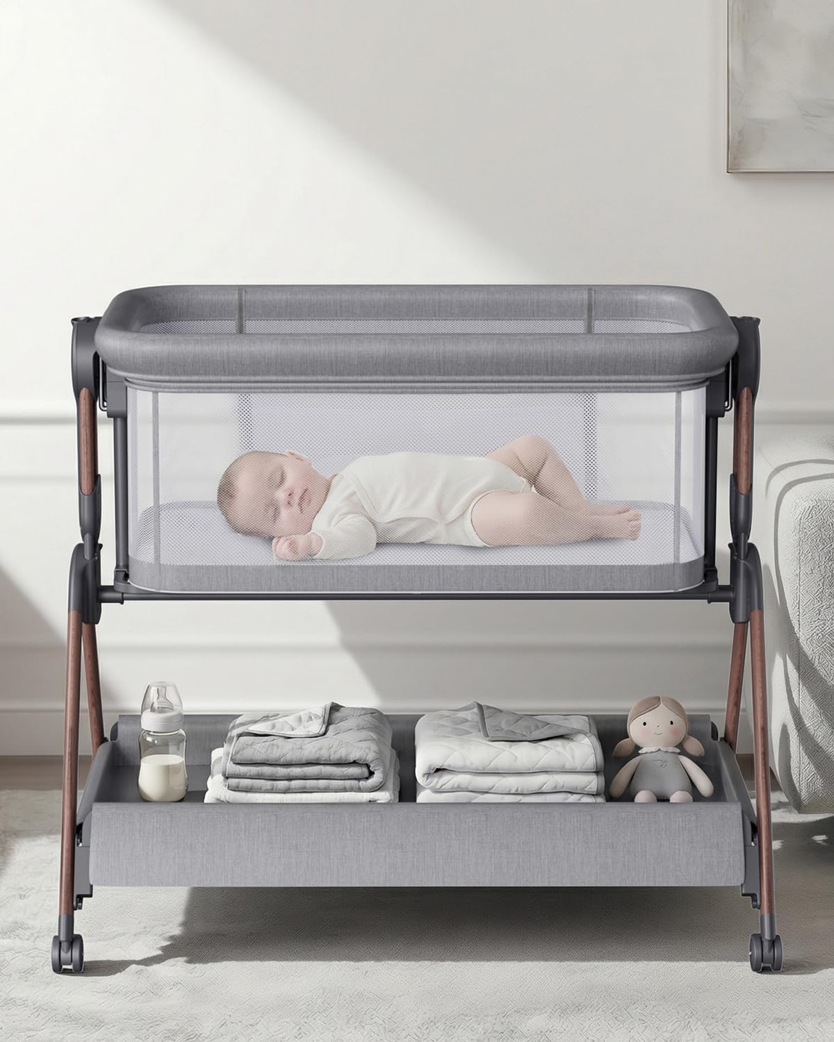 Bassinet - Baby Bassinet,3-in-1 Baby Bassinet Bedside Sleeper, Rocking Bassinet with Wheels,Breathable Sheet,Full-Mesh Sides,Storage,6 Height Adjustable Crib, for Day and Night(Mesh Grey)