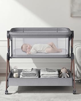 Bassinet - Baby Bassinet,3 in 1 Baby Bassinet Bedside Sleeper, Rocking Bassinet with Wheels,Breathable Sheet,Full-Mesh Sides,Storage,6 Height Adjustable Crib, for Day and NightMesh Grey