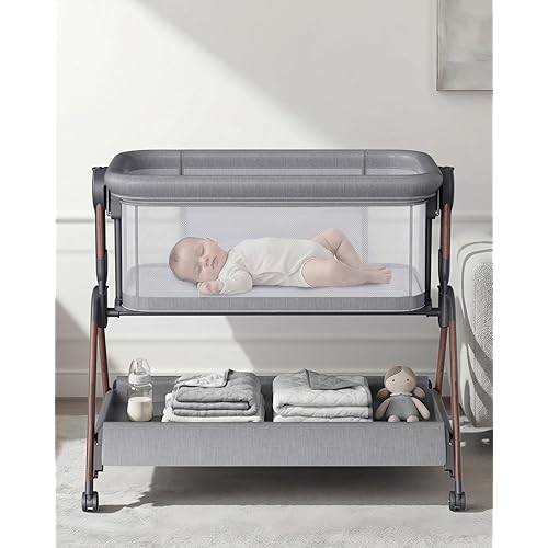 Bassinet - Baby Bassinet,3-in-1 Baby Bassinet Bedside Sleeper, Rocking Bassinet with Wheels,Breathable Sheet,Full-Mesh Sides,Storage,6 Height Adjustable Crib, for Day and Night(Mesh Grey)