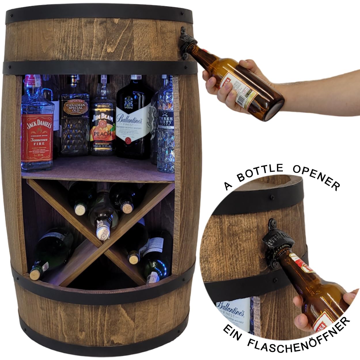 weeco Holzfass mit Flaschenöffner und Weinregal. Fassbar 80cm - Rustikale deko Barschrank - Hausbar RGB Weinrefal, Fassbier, Whisky Bar. Geschenk für Männer (Dunkelbraun/wenge)