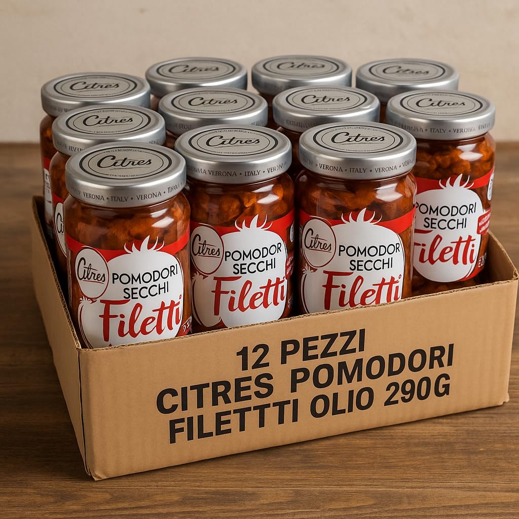 Pomodori Secchi a Filetti in Olio di Girasole, Confezione da 12 Vasetti da 290g, Prodotto Italiano con Erbe e Spezie, Ideale per Antipasti, Pasta, Insalate e Piatti Mediterranei dal Gusto Autentico