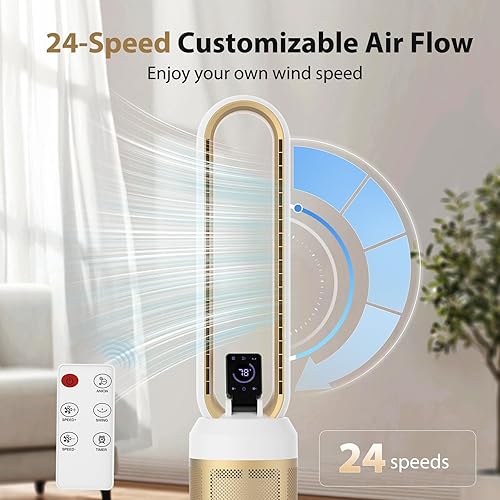 Miniatura 2 de Ventilador sin aspas para dormitorio, circulador de aire de 38 pulgadas con pantalla táctil grande, oscilación de 60, control remoto y táctil, 24