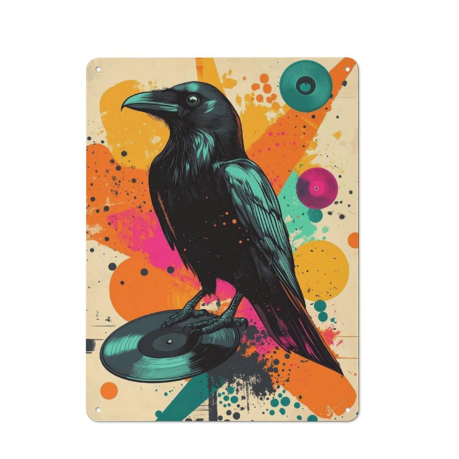Junmoney Raven On Vinyl Record Pop Art Vintage Metal Plaque 40X30cm, Diner Style Decor For Coffee Bar, Kitchen, Bistro Or Tea Corner