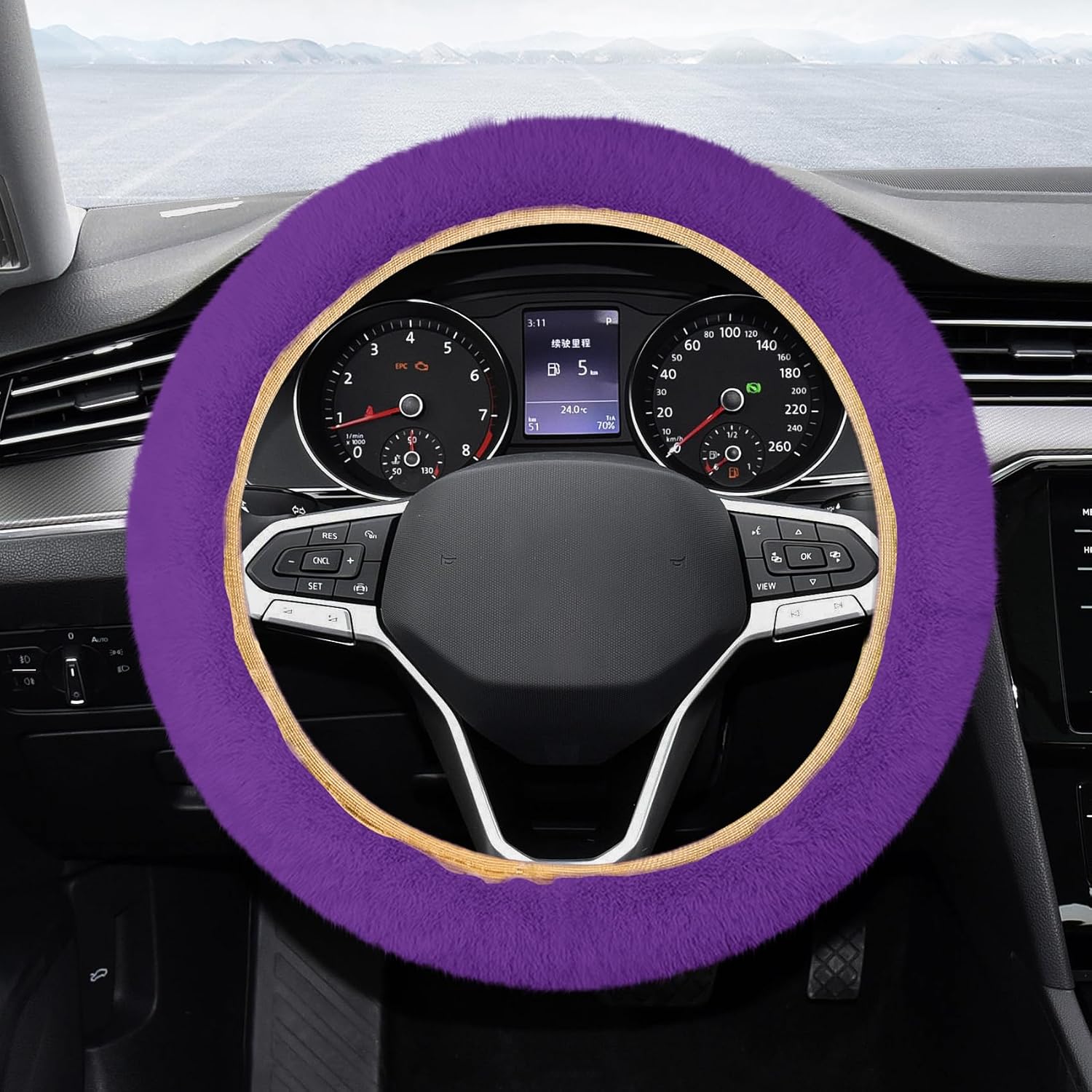 Fuzzy Steering Wheel Cover, Steering Wheel Protector, 15 inch Soft Wool Fur Car Decoration for Winter Warm, Car Accessories Fluffy Elastic Non-Slip Auto Protector for Women Men (Purple)